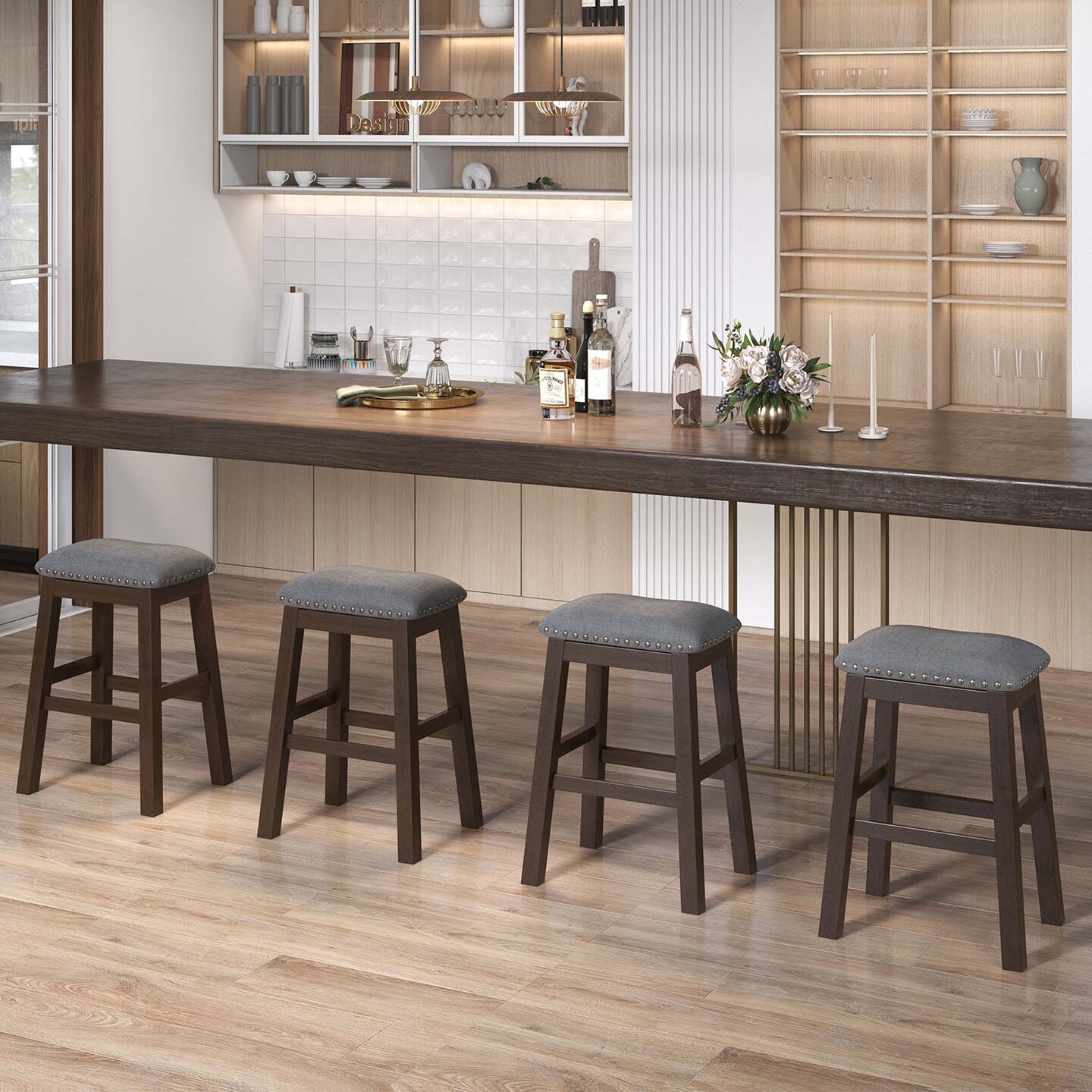 Costway Set of 2 Upholstered Saddle Bar Stools 24.5&#x27;&#x27; Dining Chairs with Wooden Legs Gray