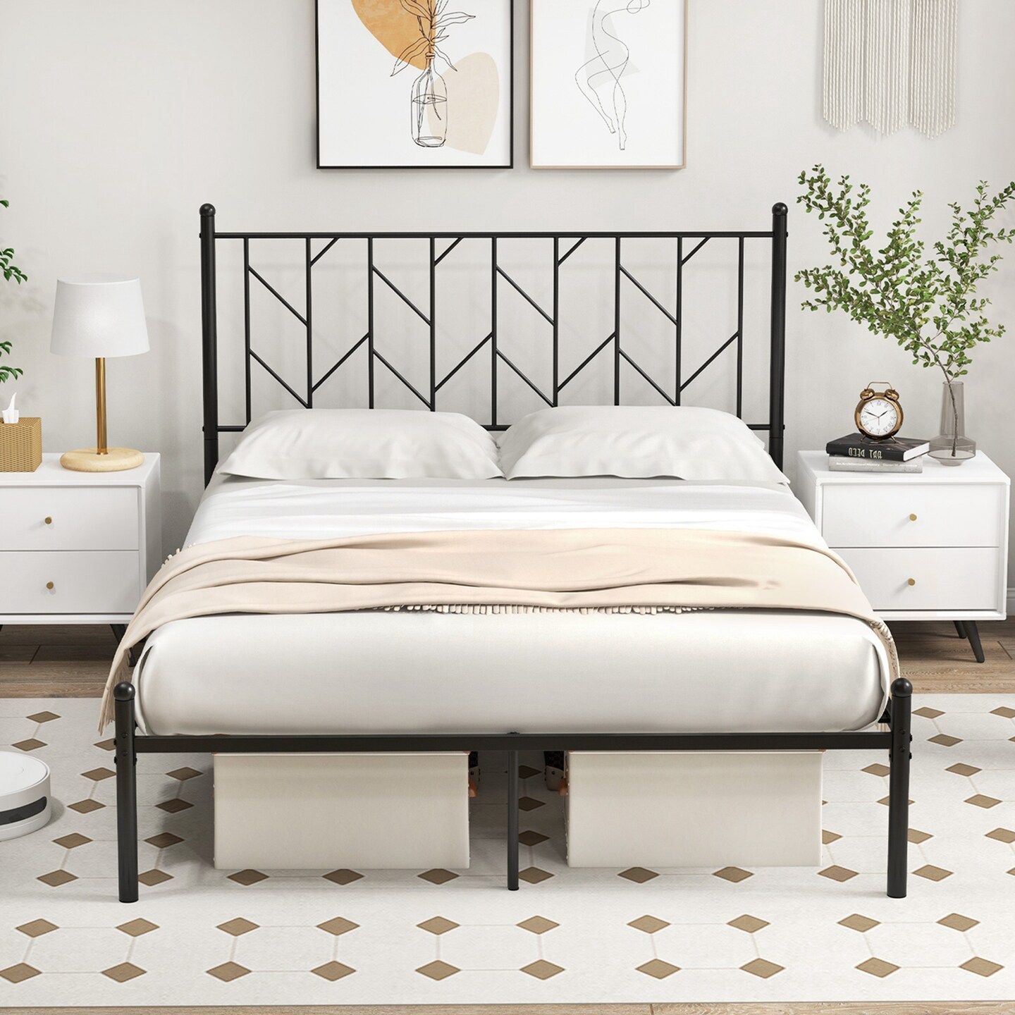 Costway Full/Qween/Twin Size Metal Platform Bed Frame Vintage Headboard Mattress Foundation Black