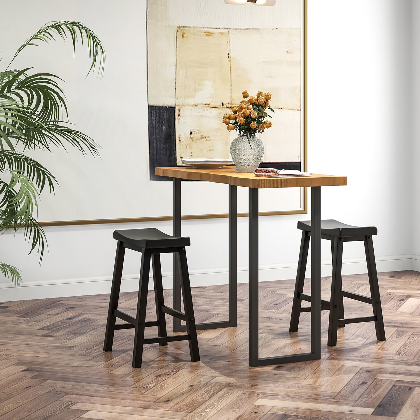 Costway Set of 2 Saddle Bar Stools Counter Height Dining Chairs with Wooden Legs Black/Grey