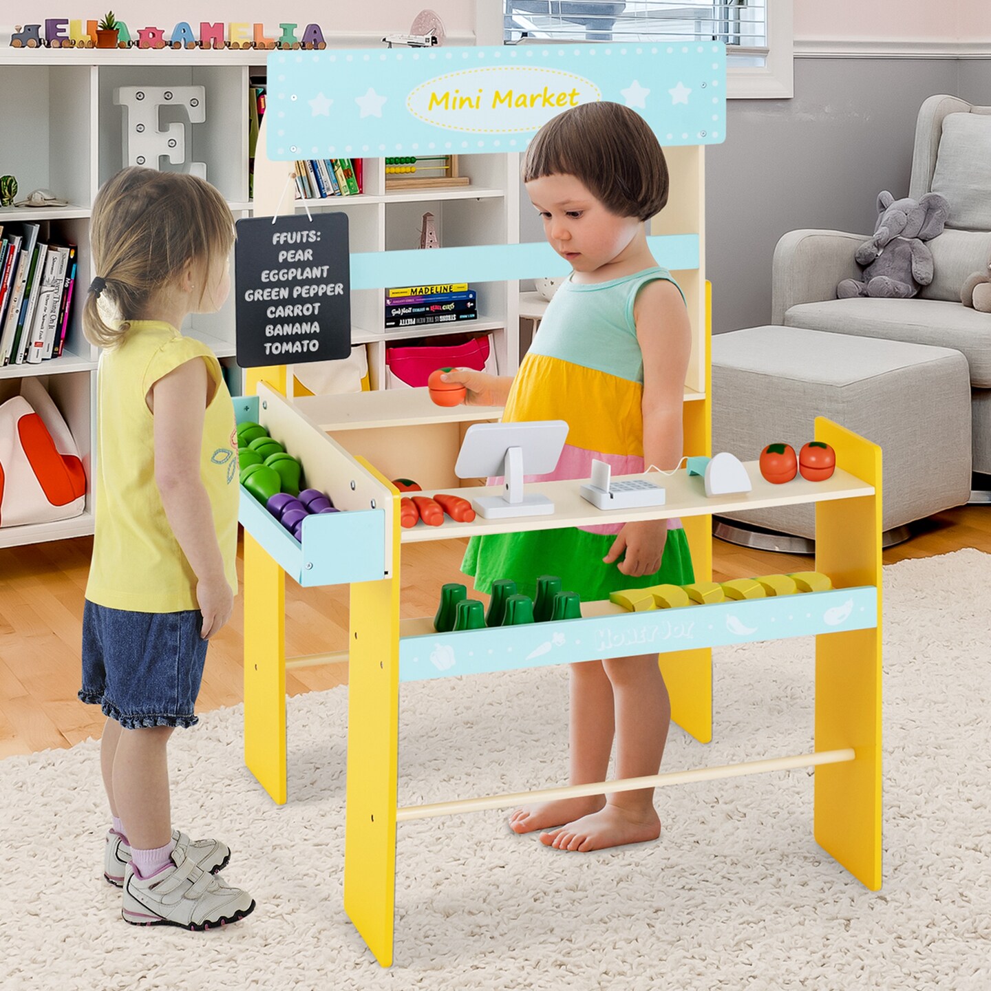 Costway Grocery Store Marketplace Toy Wooden Market Stand Pretend Play Set with 36 Fruit Veggies Pieces
