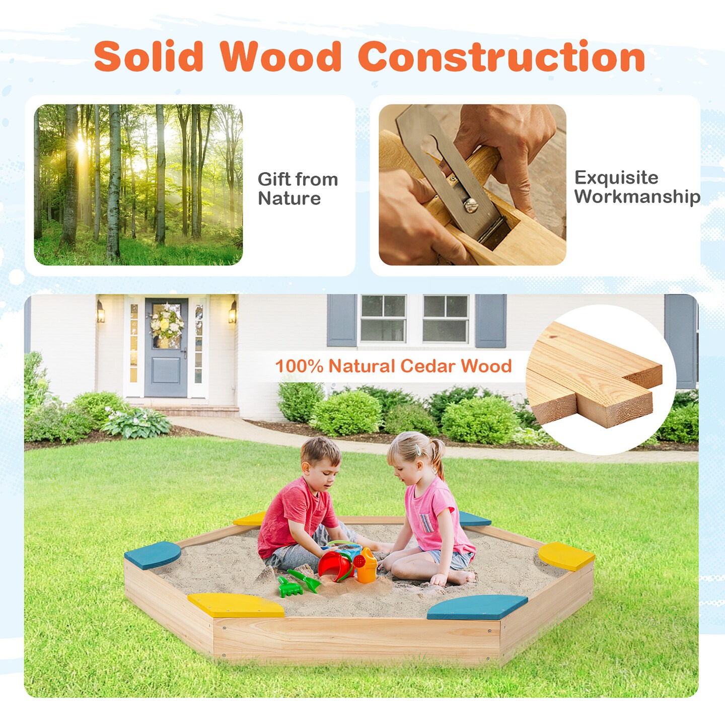 Costway Outdoor Wooden Sandbox with Seats Backyard Bottomless Sandpit for Kids Aged 3+