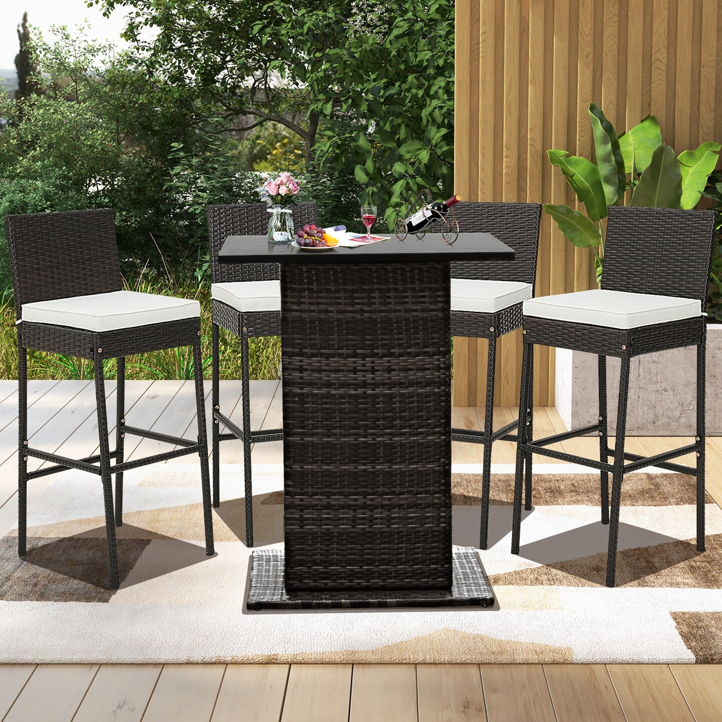 Costway Patio Wicker Barstools Bar Height Chairs W/ Cushions Backyard Off White