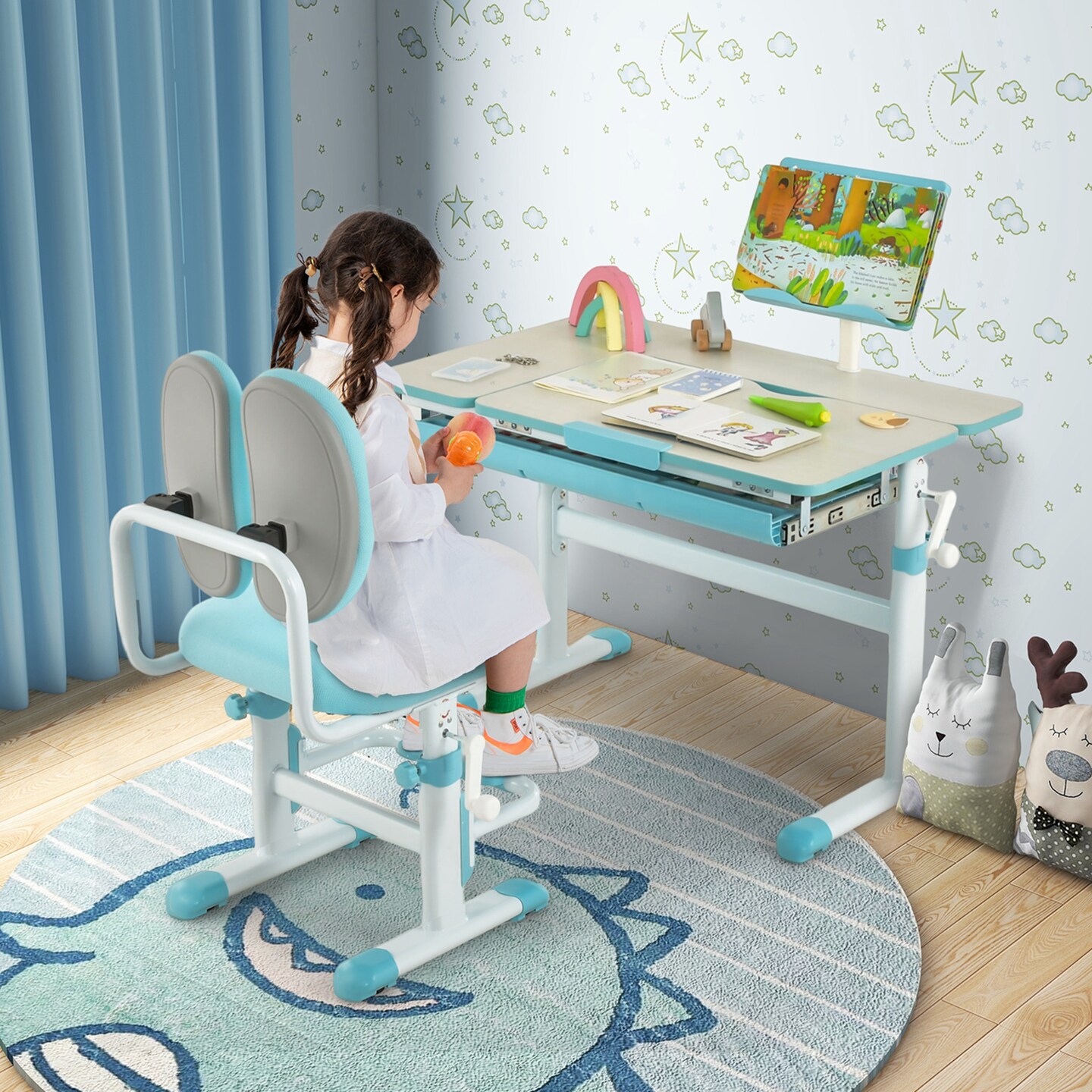 Costway Height-Adjustable Kids Desk Children Study Table with Tilt Desktop &#x26; Book Stand Blue/Pink