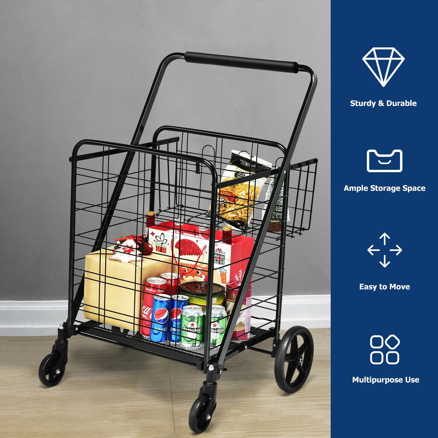Heavy Duty Steel Folding Utility Shopping Double Cart with Mesh Base and Sturdy Rod