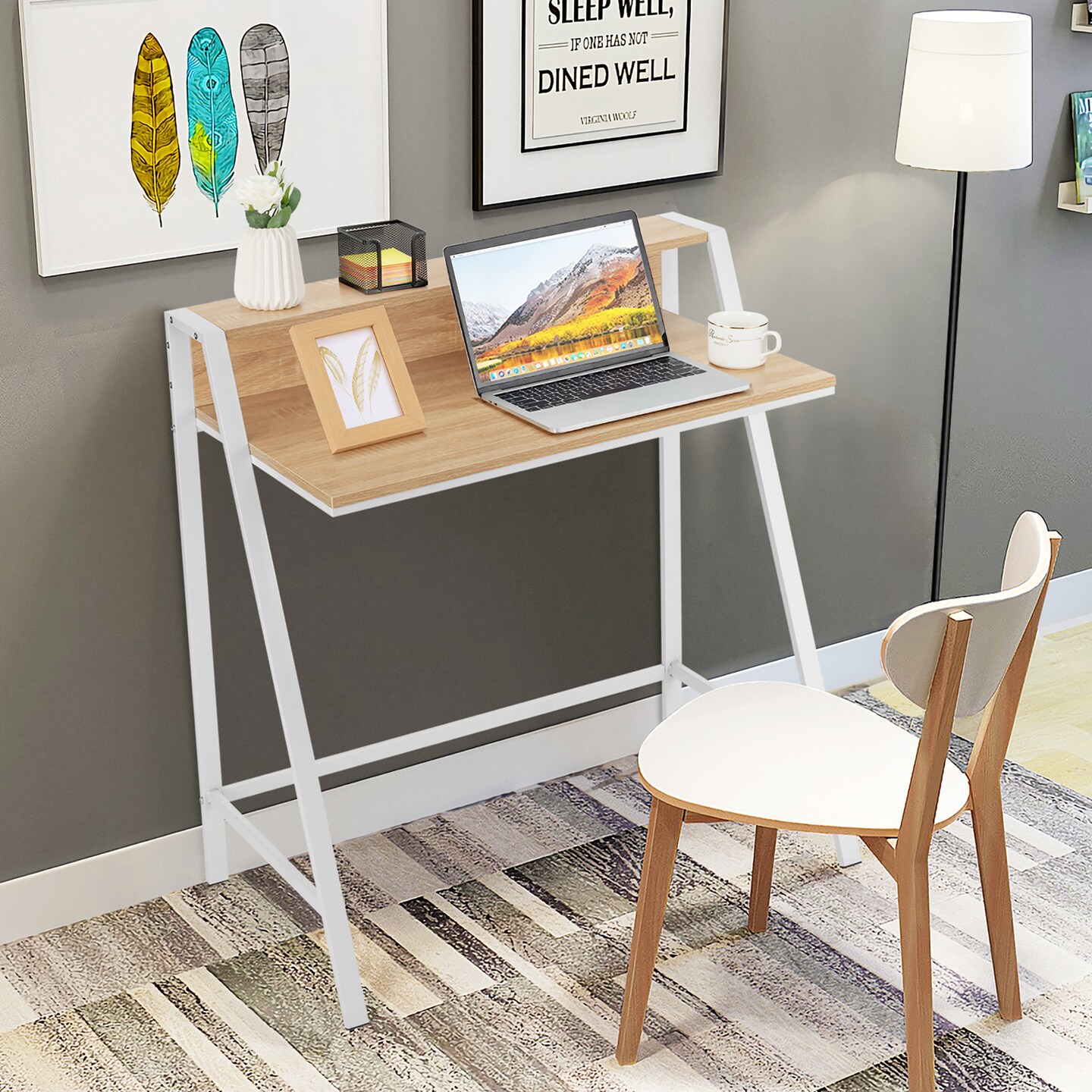 Goplus 2 Tier Computer Desk PC Laptop Table Study Writing Home Office Natural