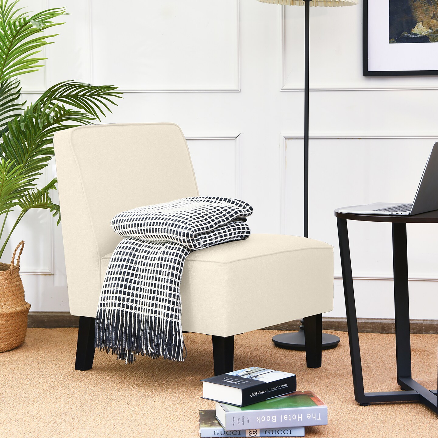 Costway Modern Armless Accent Chair Fabric Single Sofa withRubber Wood Legs Beige/Gray