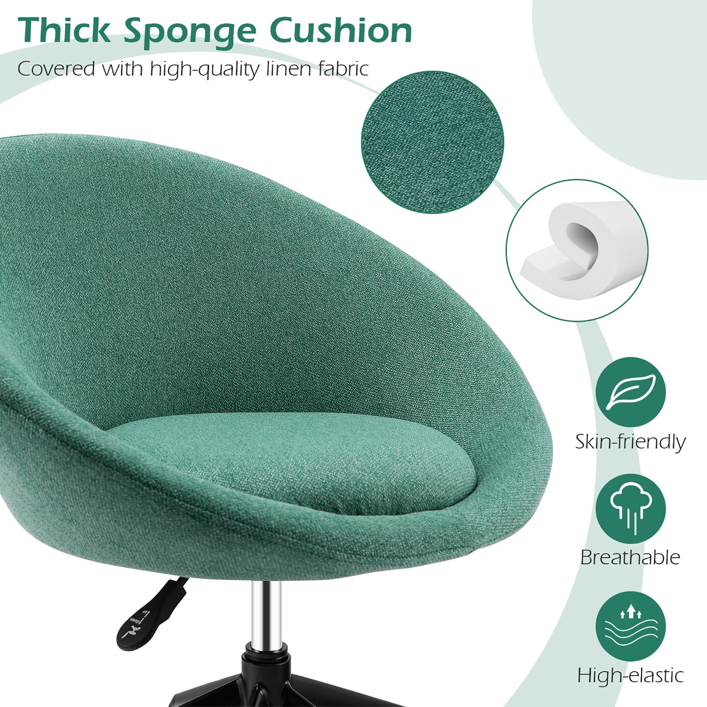 Costway Adjustable Swivel Accent Chair Linen Office Chair Round Back Vanity Chair Grey\Blue\Green