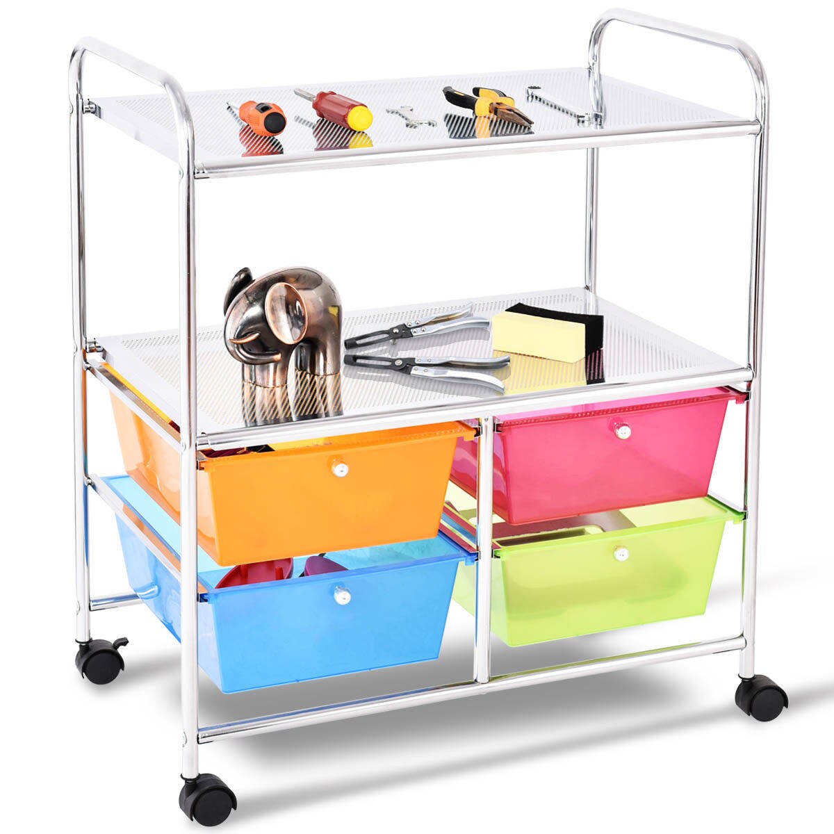 Costway Rolling Storage Cart w/4 Drawers 2 Shelves Metal Rack Shelf Utility Organizer