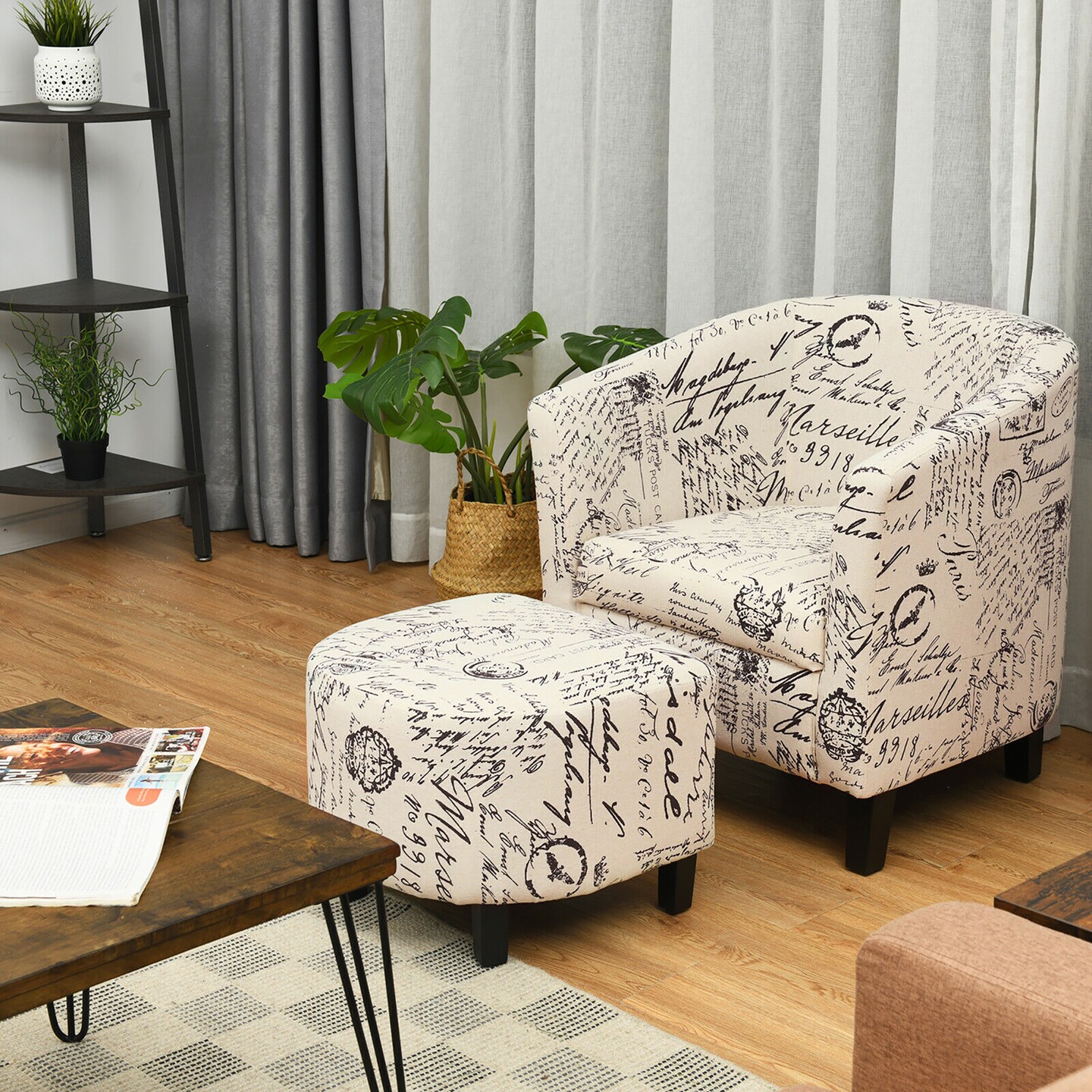 Costway Barrel Accent Chair Tub Chair Linen Fabric Upholstered w/Ottoman Modern Beige