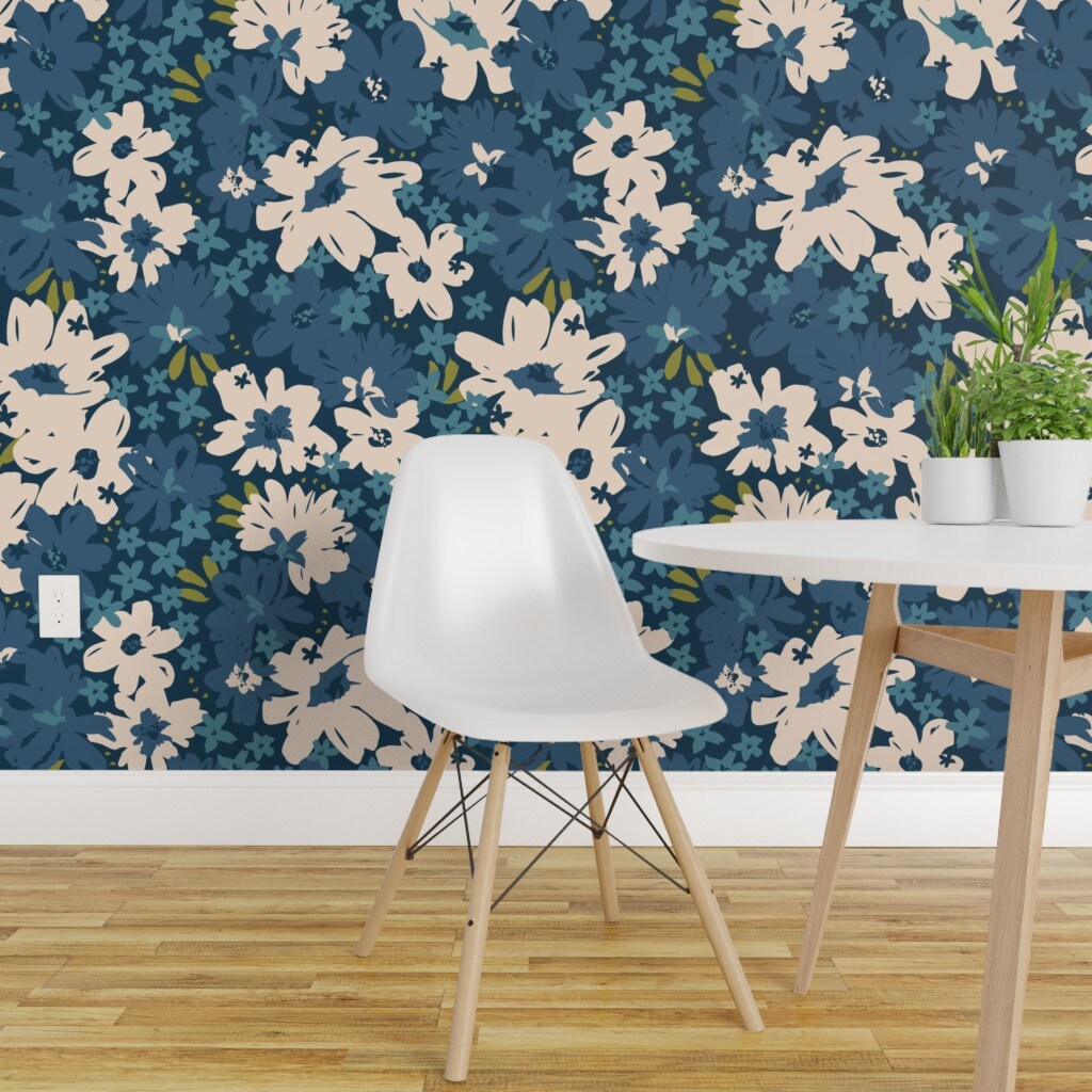 Pink and dark blue floral Wallpaper  Peel and Stick or NonPasted