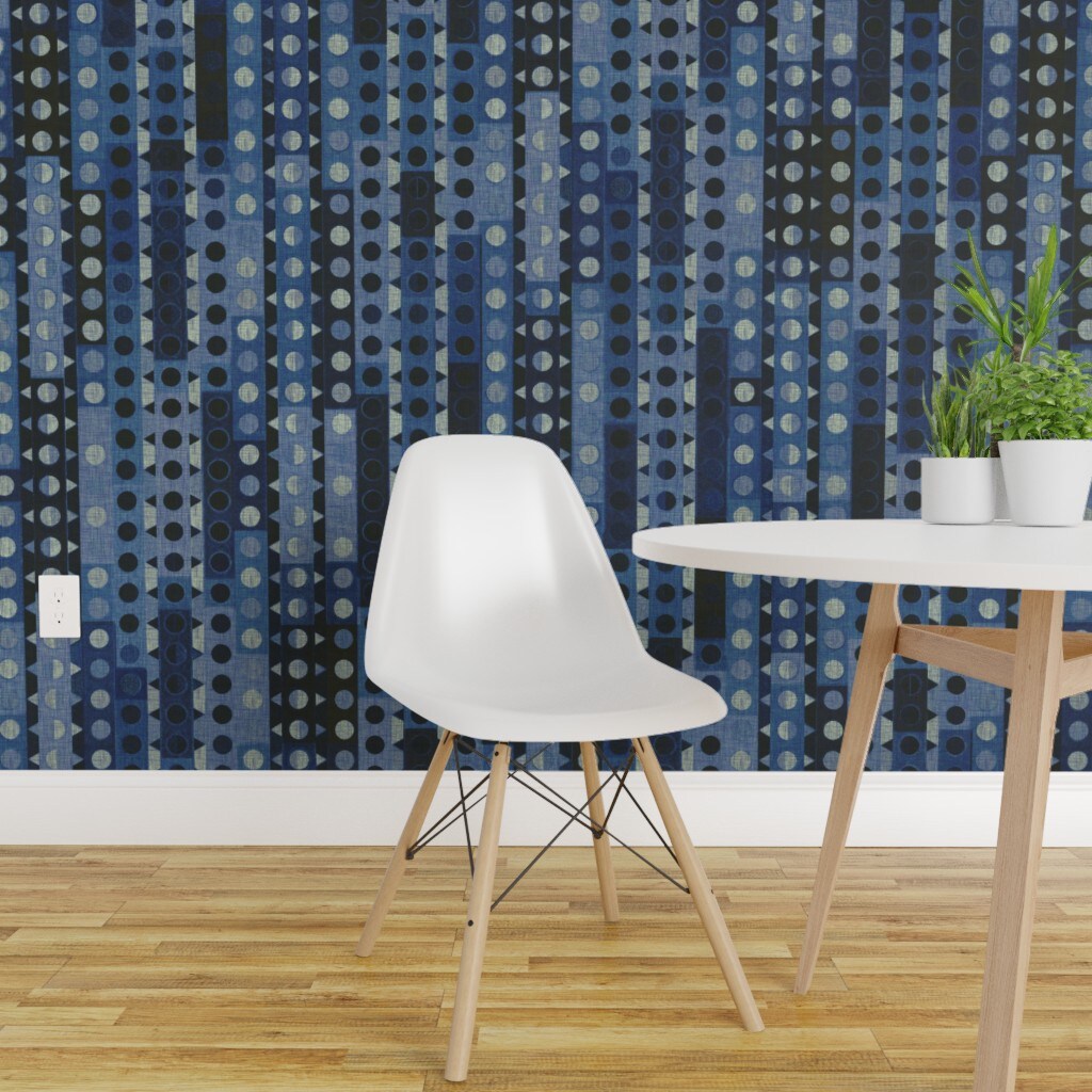 Peel &#x26; Stick Wallpaper 2FT Wide Moon Phase Shibori Style Dark Indigo Abstract Polka Dots Custom Removable Wallpaper by Spoonflower