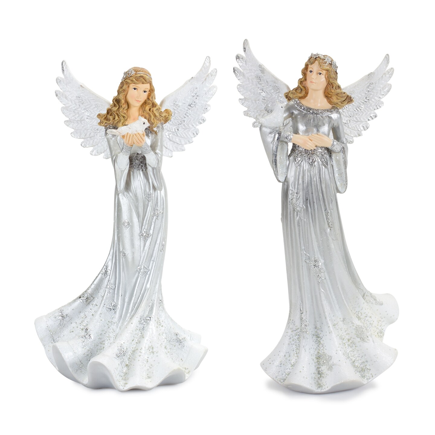 Melrose Set of 2 Silver and White Christmas Tabletop Angel Figurines 12.75"