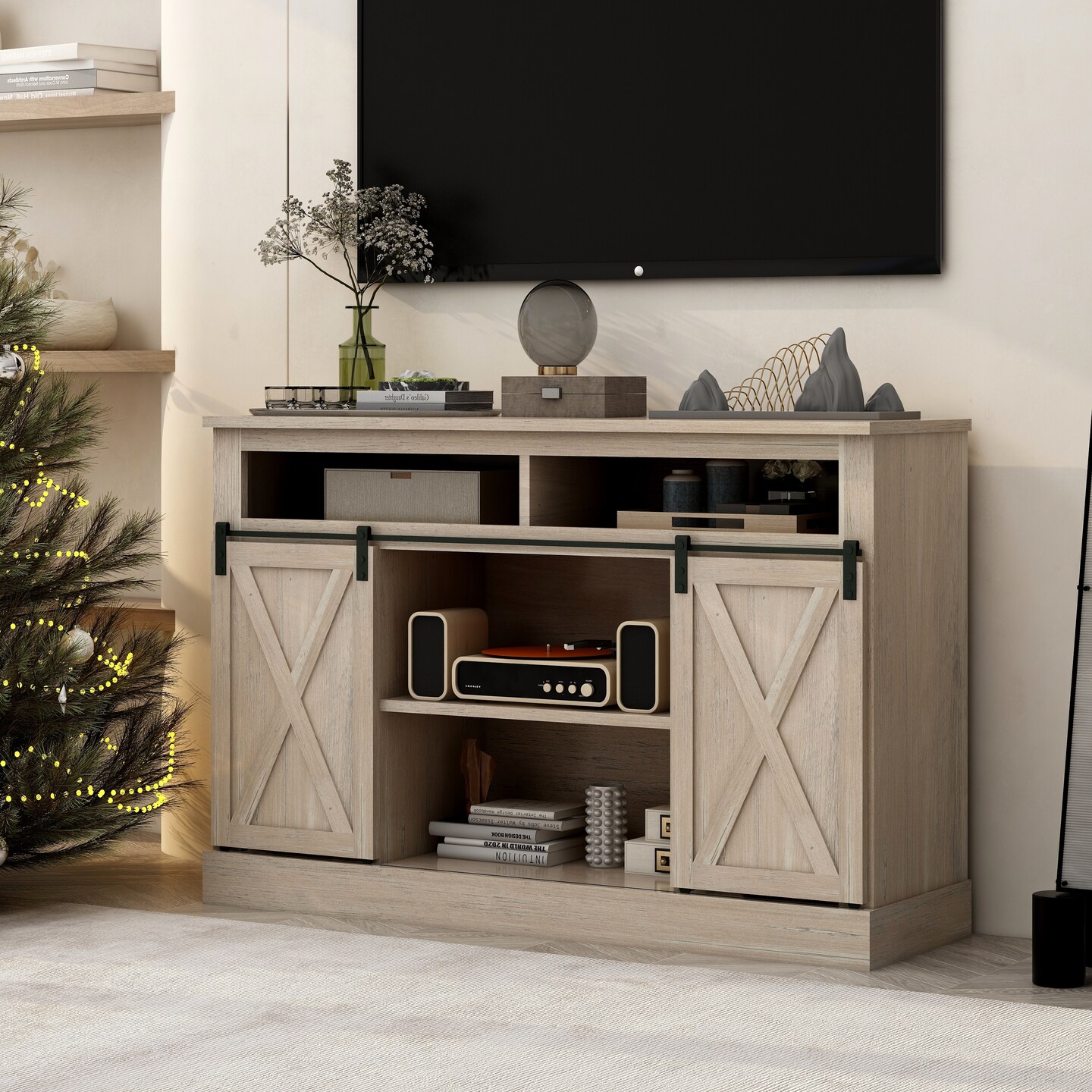 Rustic TV Stand with Sliding Barn Doors | Farmhouse Charm &#x26; Modern Functionality