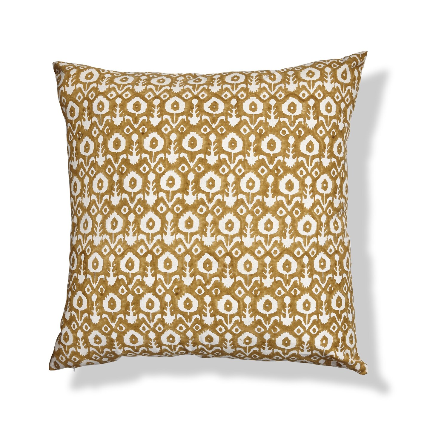22&#x22;x22&#x22; Ikat Flower Block Print Ochre Cotton Accent Decorative Throw Pillow Poly Filled Removable Insert Square Machine Wash Brown