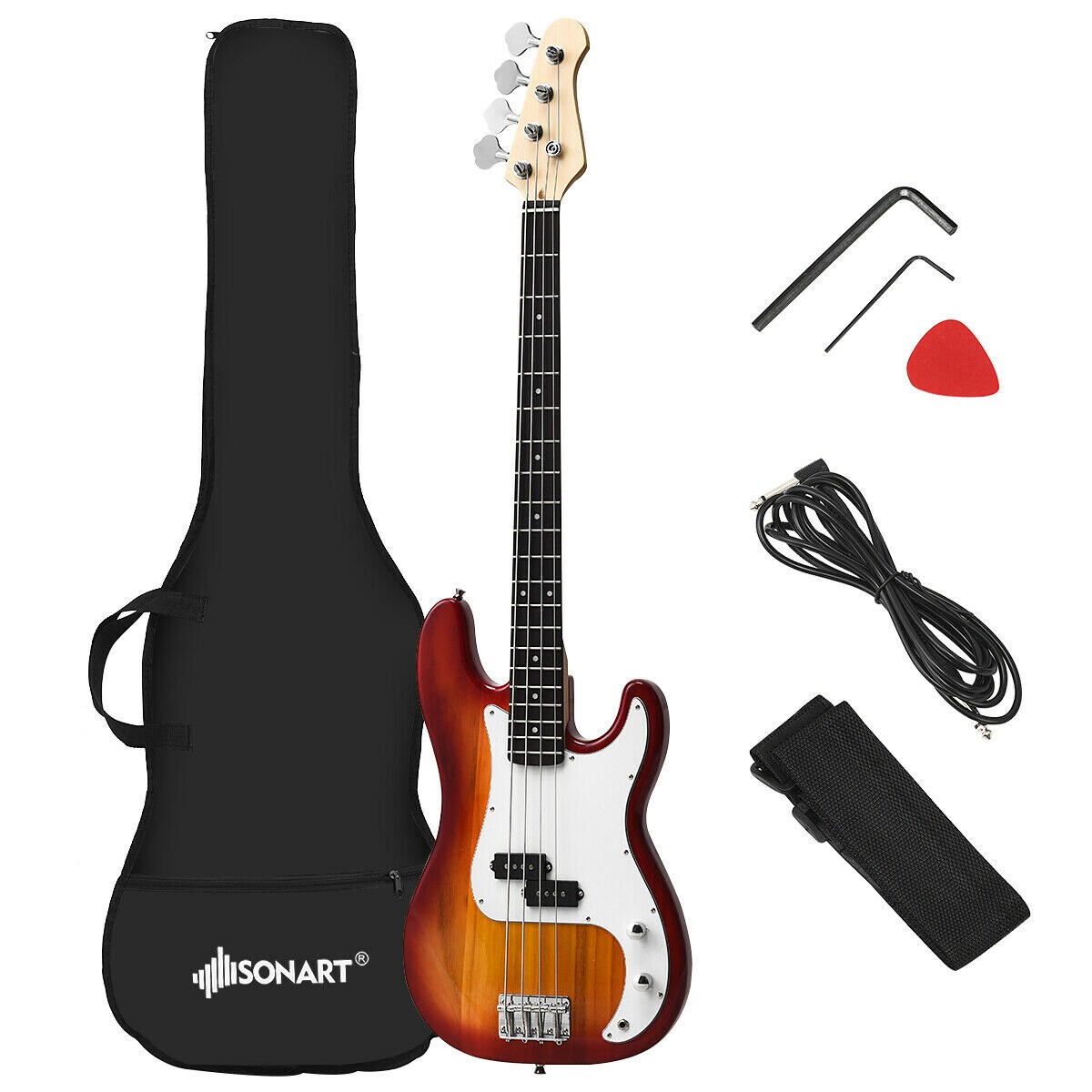 Gymax Full Size Electric Bass Guitar 4 String with Strap Guitar Bag Amp Cord Red