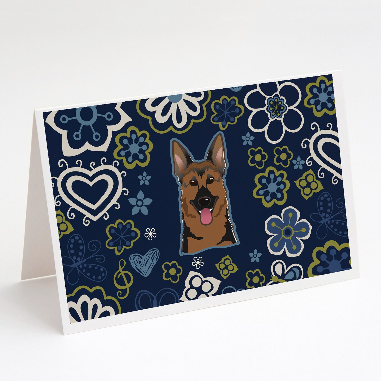 Caroline&#x27;s Treasures Blue Flowers German Shepherd Greeting Cards and Envelopes Pack of 8