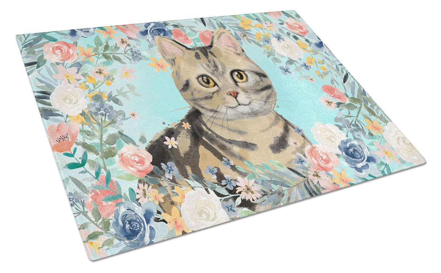 Caroline&#x27;s Treasures American Shorthair Brown Tabby Spring Flowers Glass Cutting Board Large