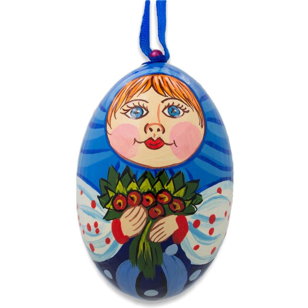 Doll with Flower Bouquet Wooden Egg Ornament 3 Inches