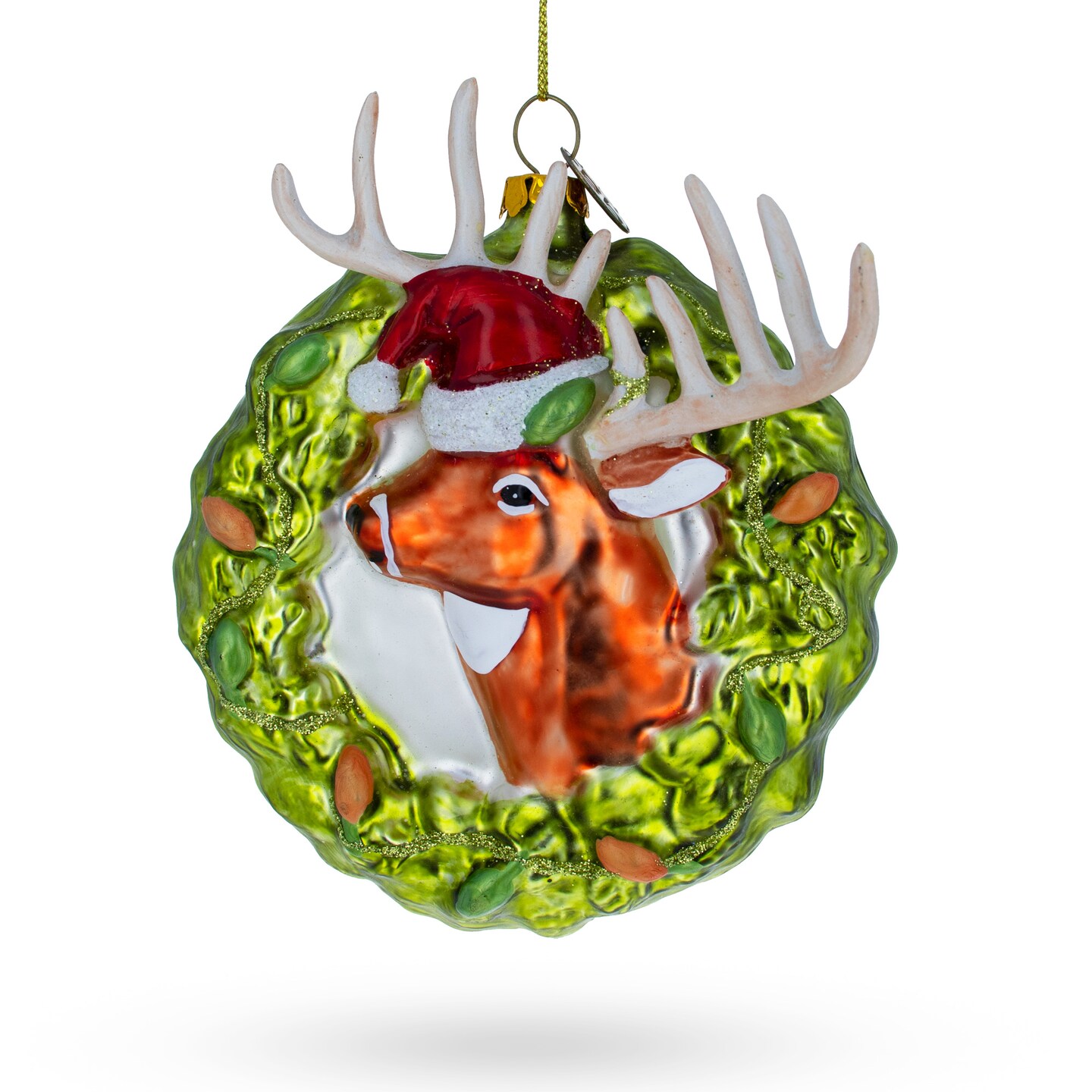 Festive Reindeer Wreath Blown Glass Christmas Ornament