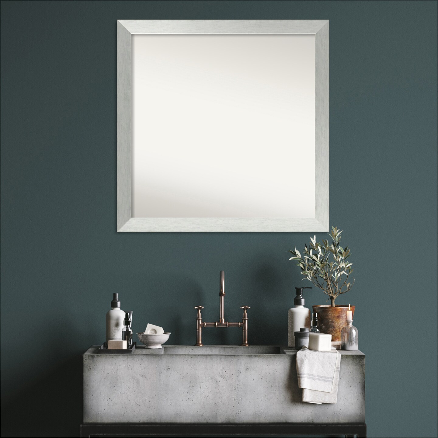 Brushed Sterling Silver Non-Beveled Custom Framed Bathroom Vanity Wall Mirror