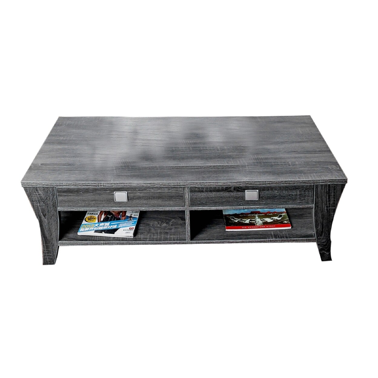Saltoro Sherpi Low Rise Coffee Table with Drawers and Bottom Shelves, Gray-