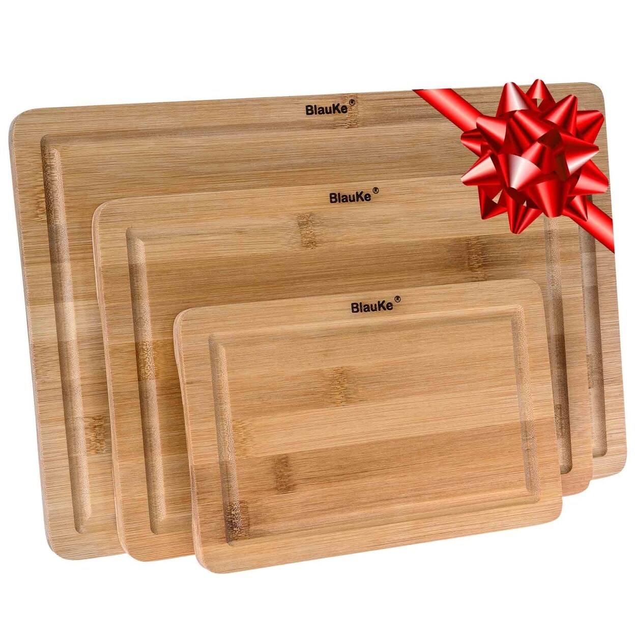 BlauKe Wooden Cutting Boards for Kitchen with Juice Groove and Handles - Bamboo Chopping Boards Set of 3 - Wood Serving Trays