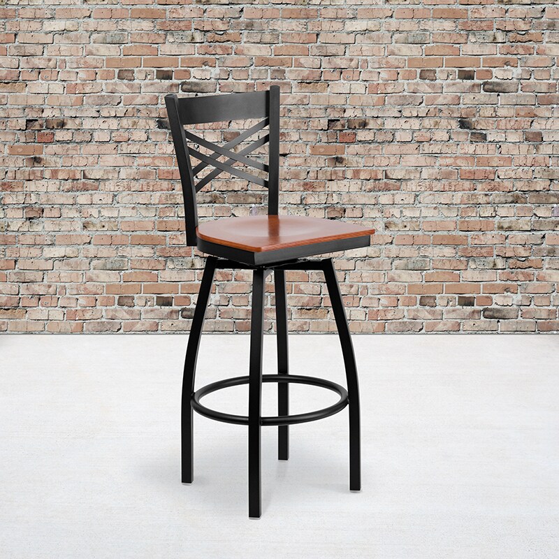 Flash Furniture HERCULES Series Black &#x27;&#x27;X&#x27;&#x27; Back Swivel Metal Barstool - Cherry Wood Seat
