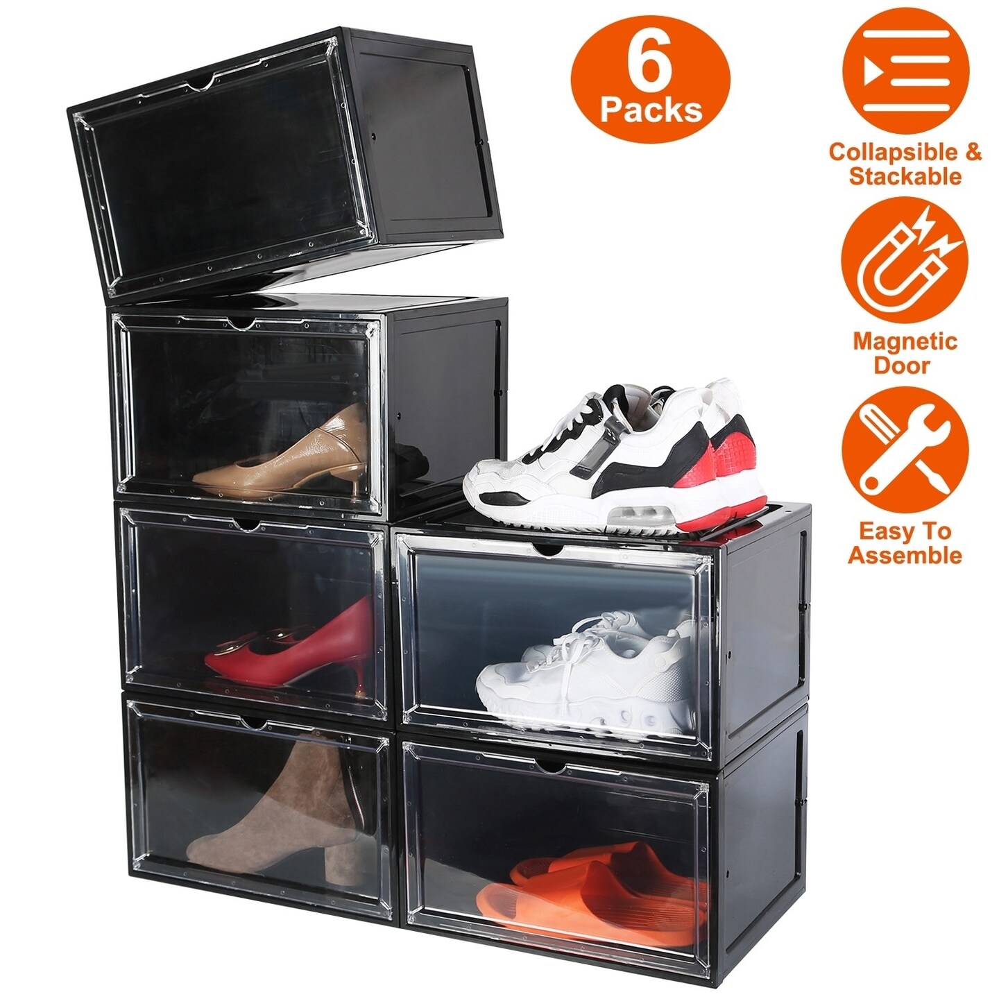 Collapsible Shoe Box 6 Pack Stackable Storage Bin Magnetic Door Transparent Pp