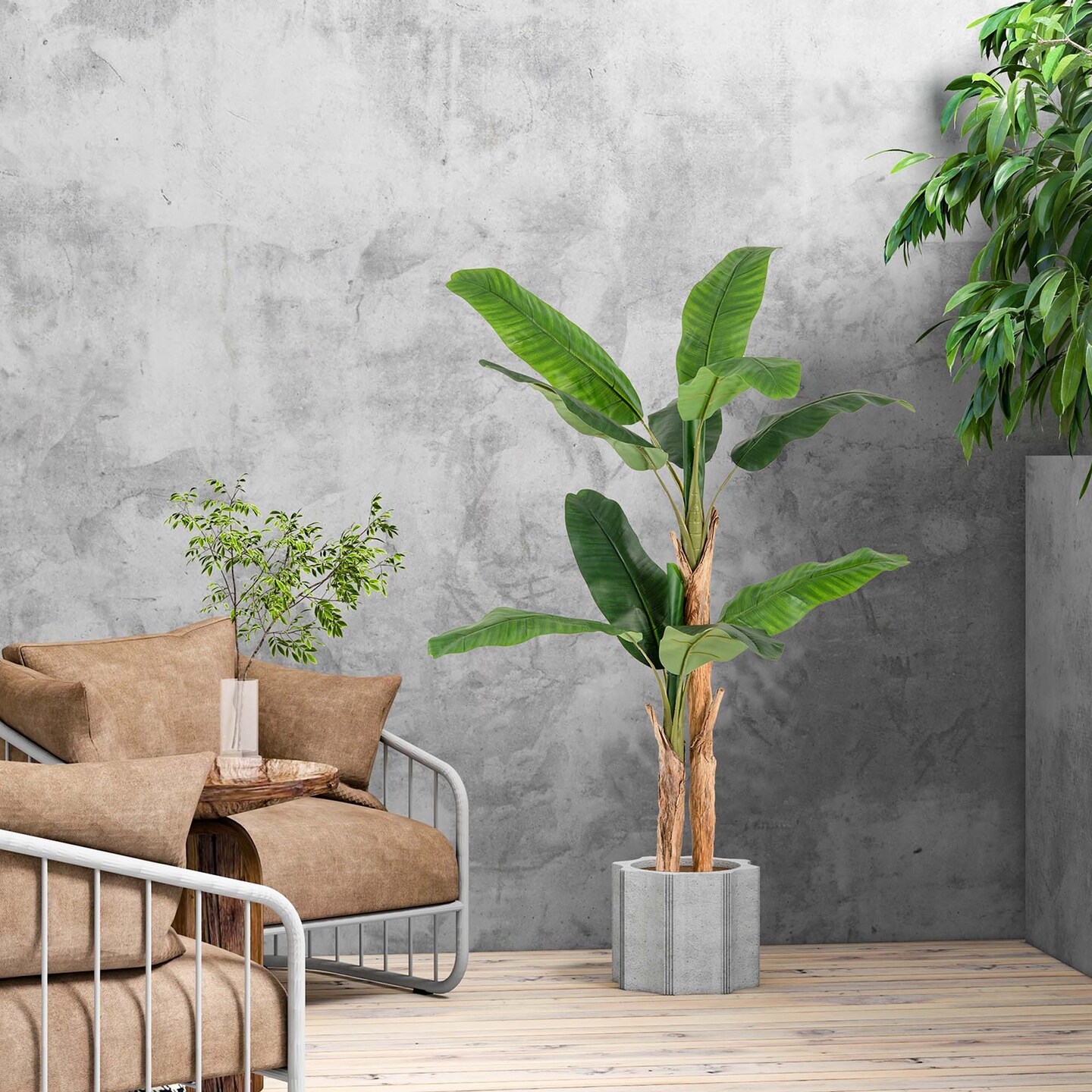 Costway 1/2 PCS 5.5 FT Tall Artificial Banana Tree with 10 Large Leaves Double Stalks Natural Bark