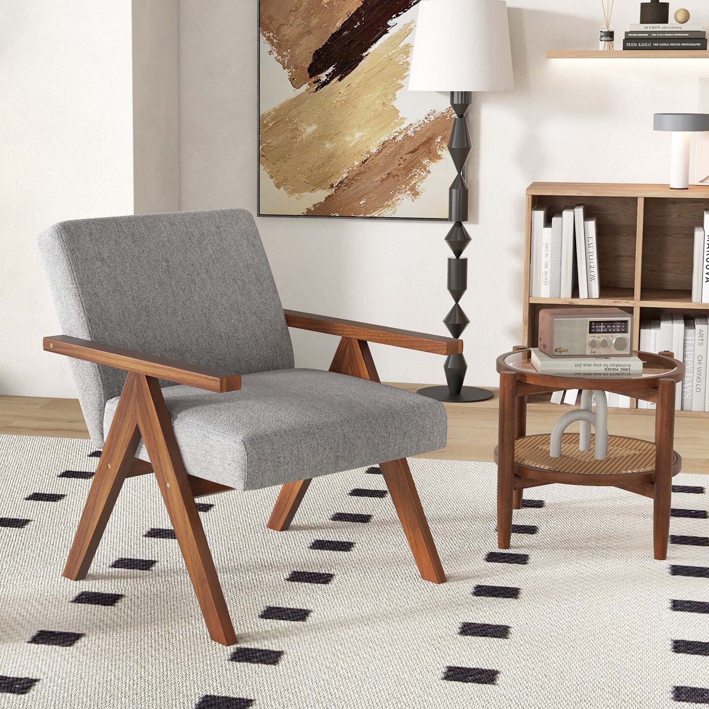 Costway 1 PCS Modern Accent Chair Linen Fabric Armchair with Solid Acacia Wood Frame Beige/Grey