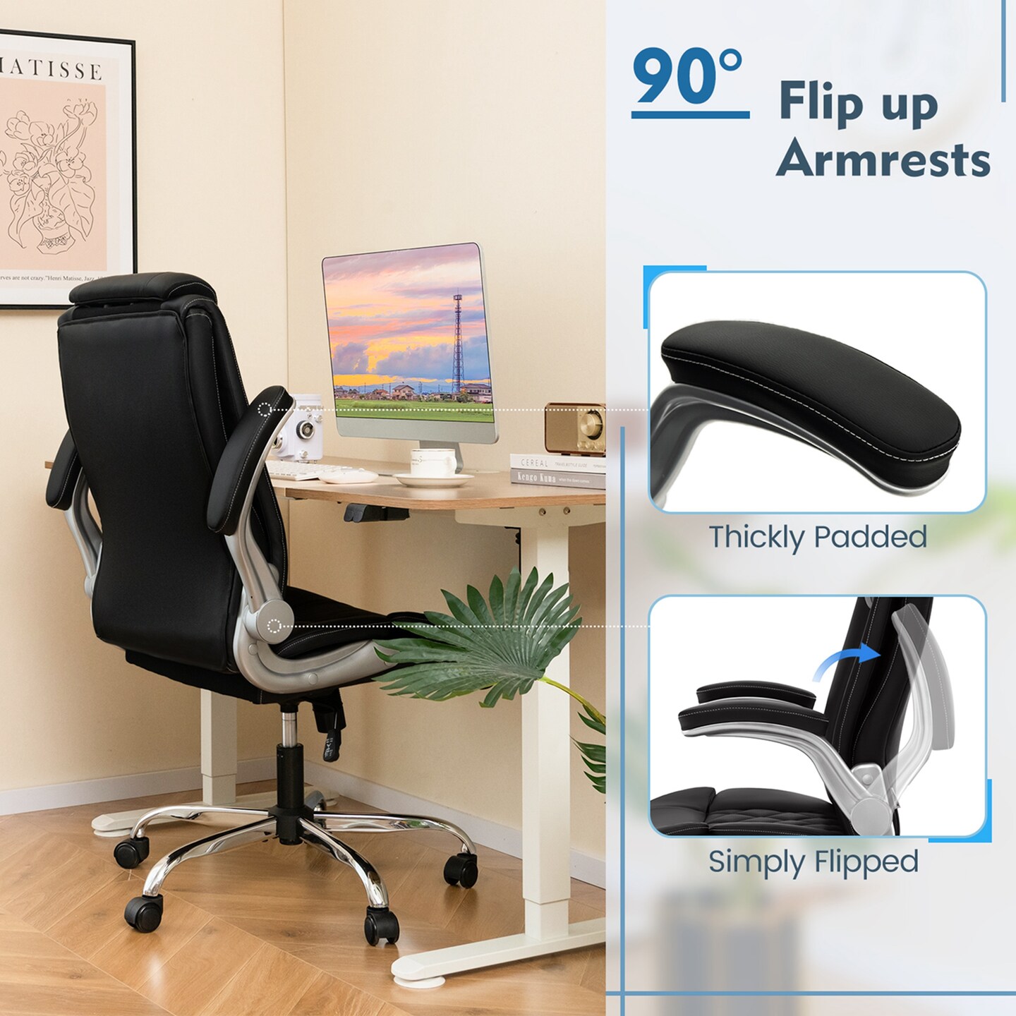 Costway PU Leather Office Chair Height Adjustable Executive Chair with Adjustable Headrest Brown/Black