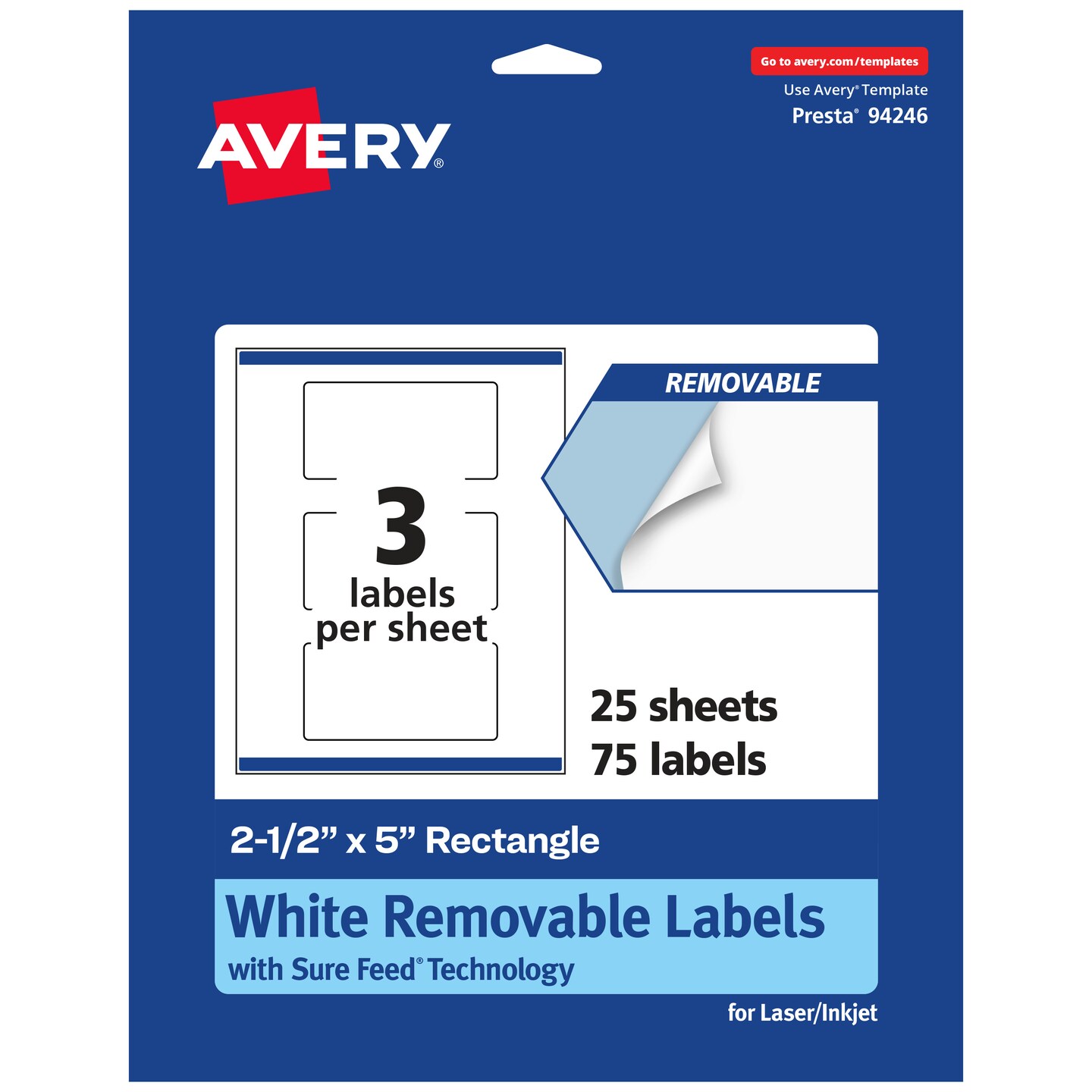 Avery Matte White Removable Rectangle Labels with Sure Feed Technology, Print-to-the-Edge, 2.5&#x22; x 5&#x22;