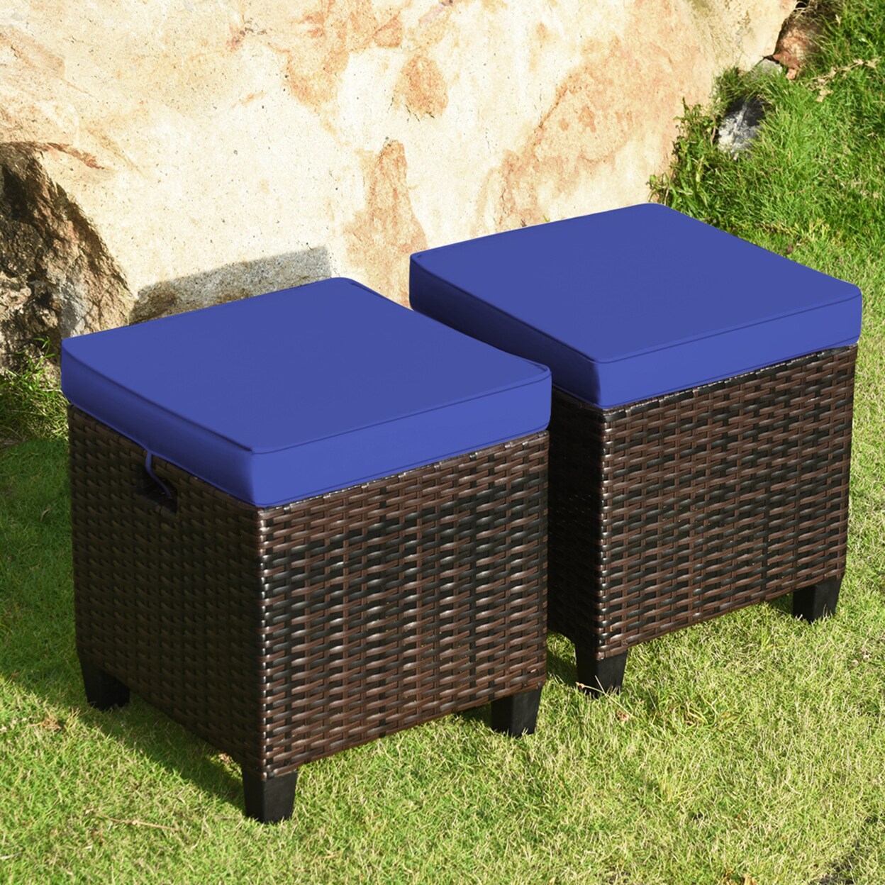 Set Of 2 Patio Rattan Ottoman Footrest Garden Outdoor W/ Navy Cushion