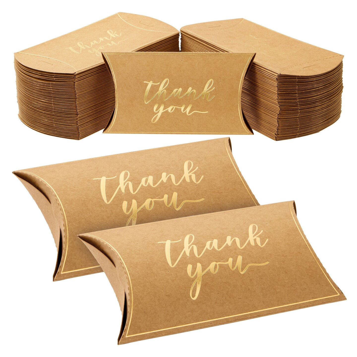 100-Pack Wedding Favor Pillow Boxes, Bulk 5.2x3.2-Inch Kraft Paper Thank You Gift Boxes for Party Favors (Brown with Gold Script)