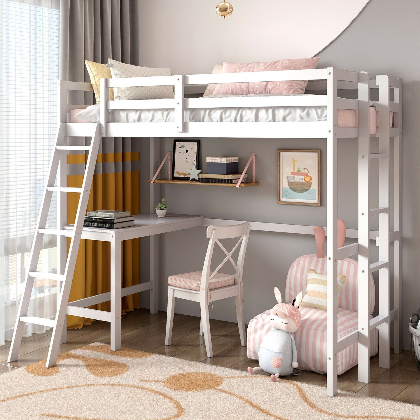 Twin Size Loft Bed Frame with Desk Angled and Built-in Ladder