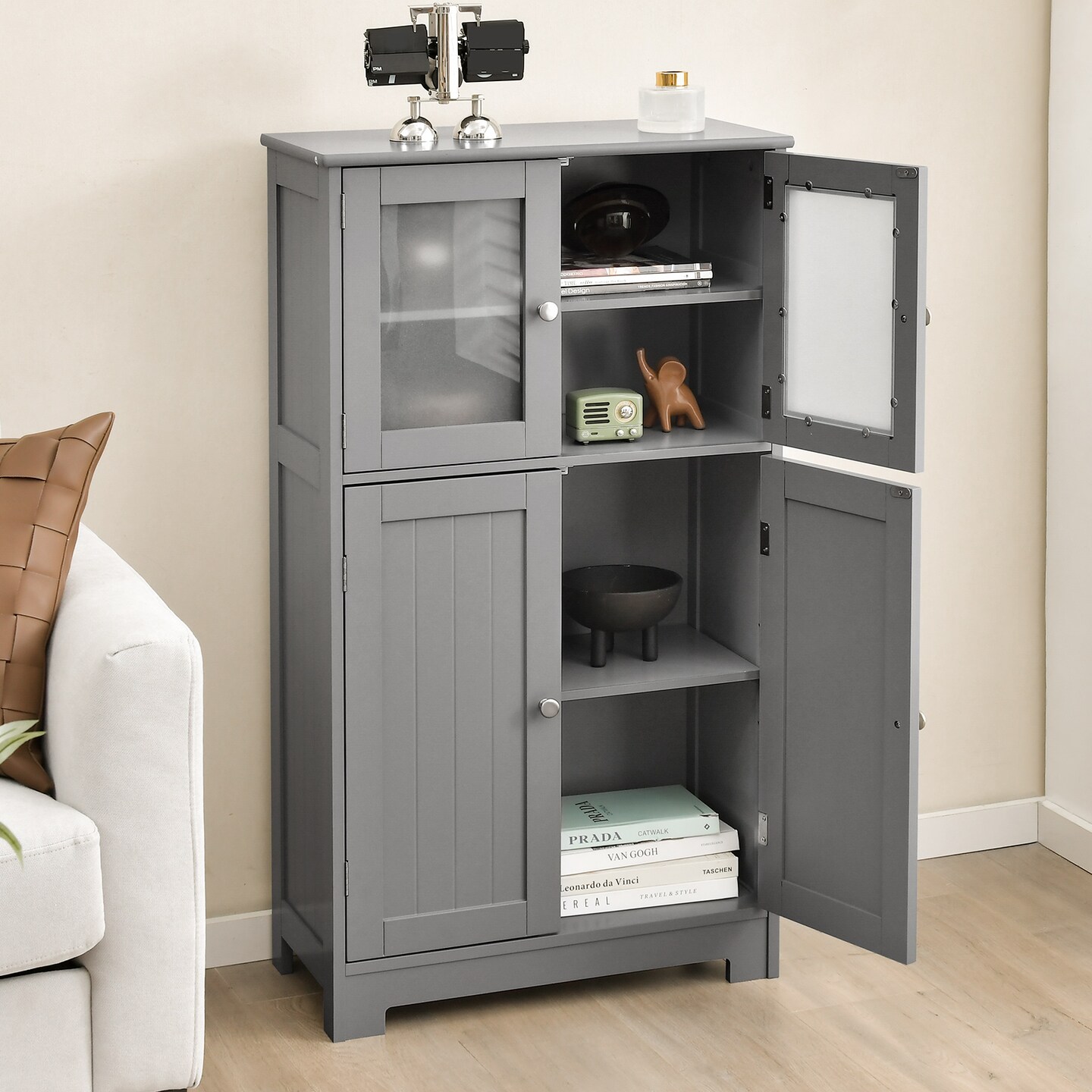 Black MDF Glass Door Floor Cabinet with Adjustable Shelf &#x2013; 43 inches Storage Unit