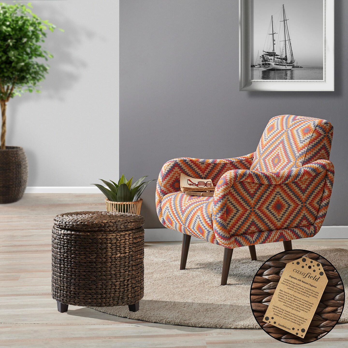 Casafield 17&#x22; Round Storage Ottoman with Lid, Handwoven Water Hyacinth Footstool for Living Room, Bedroom, Bathroom, Home Office