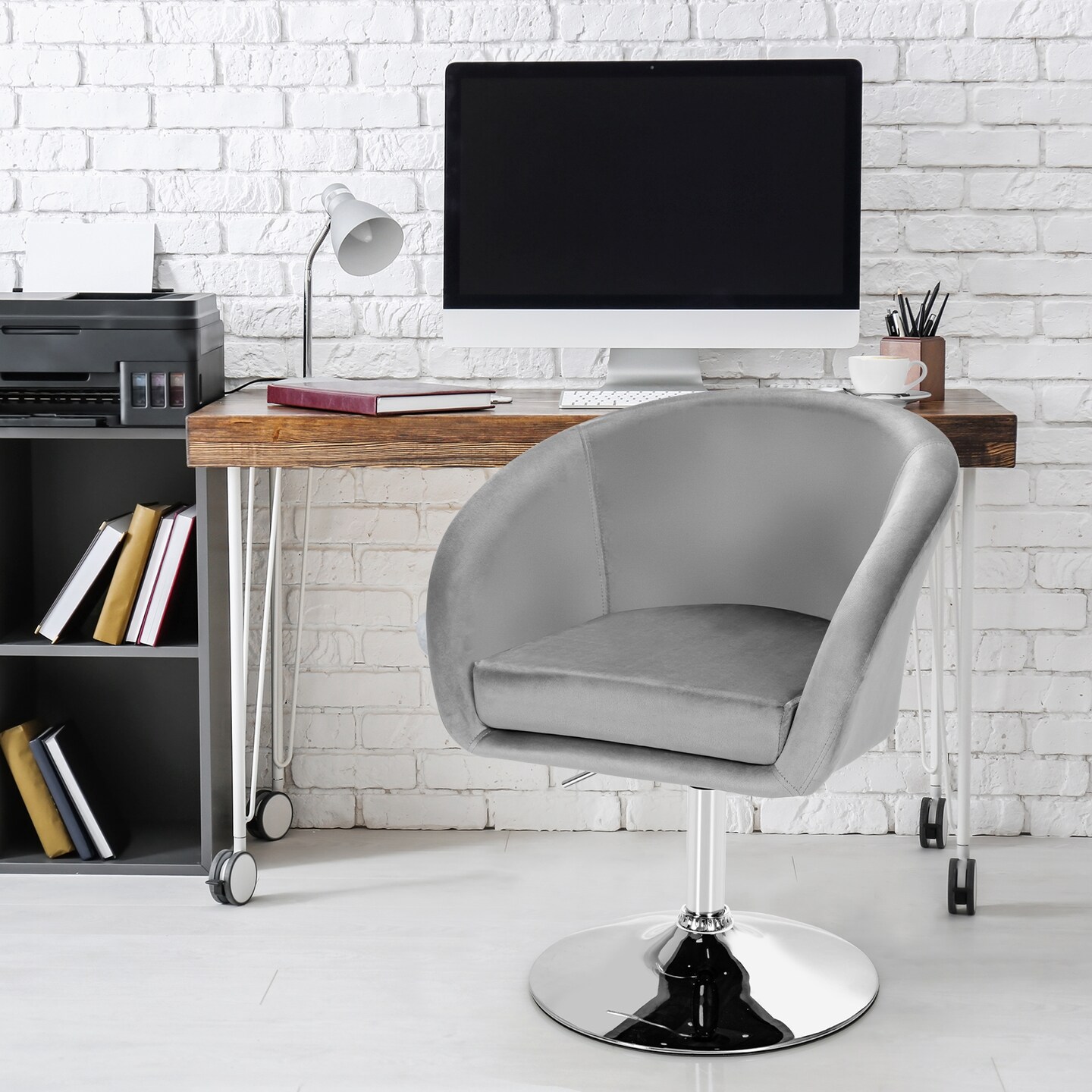 Height Adjustable and Swivel Makeup Accent Chair with Round Back and Metal Base