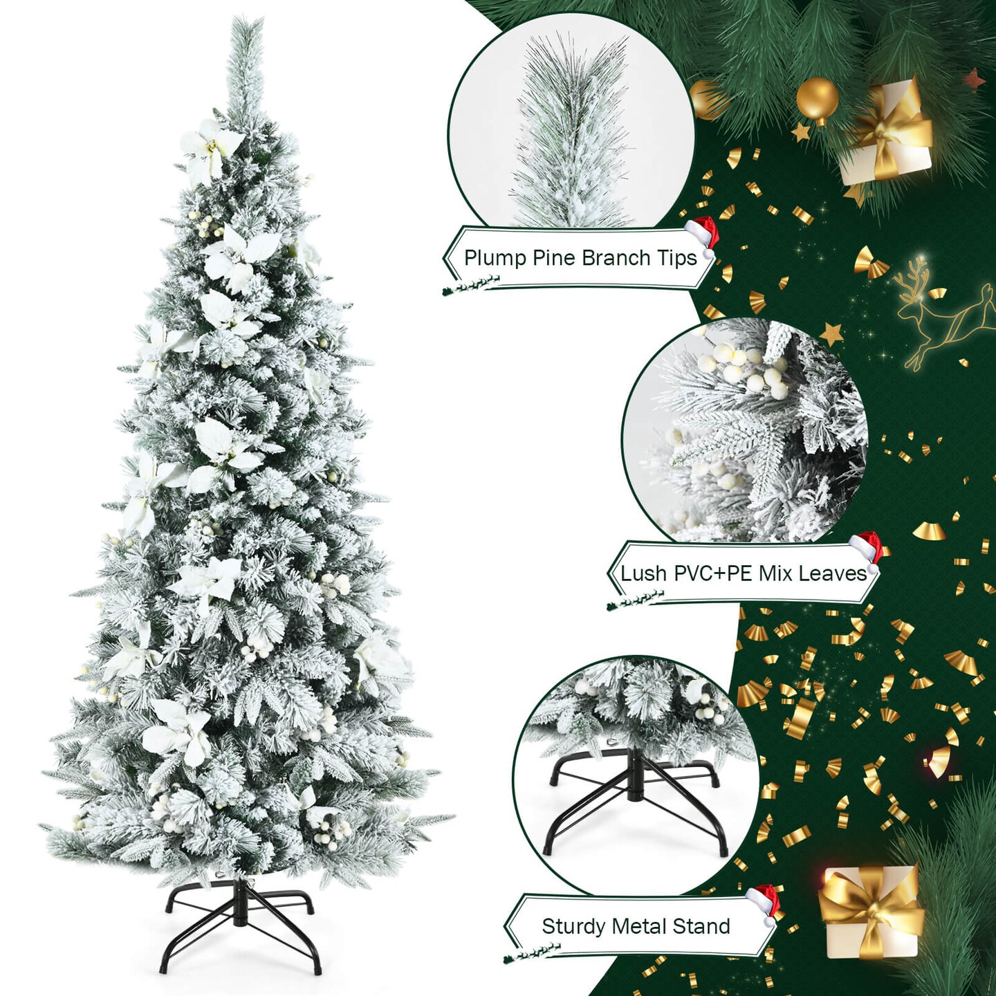Snow Flocked Christmas Pencil Tree with Berries and Poinsettia Flowers