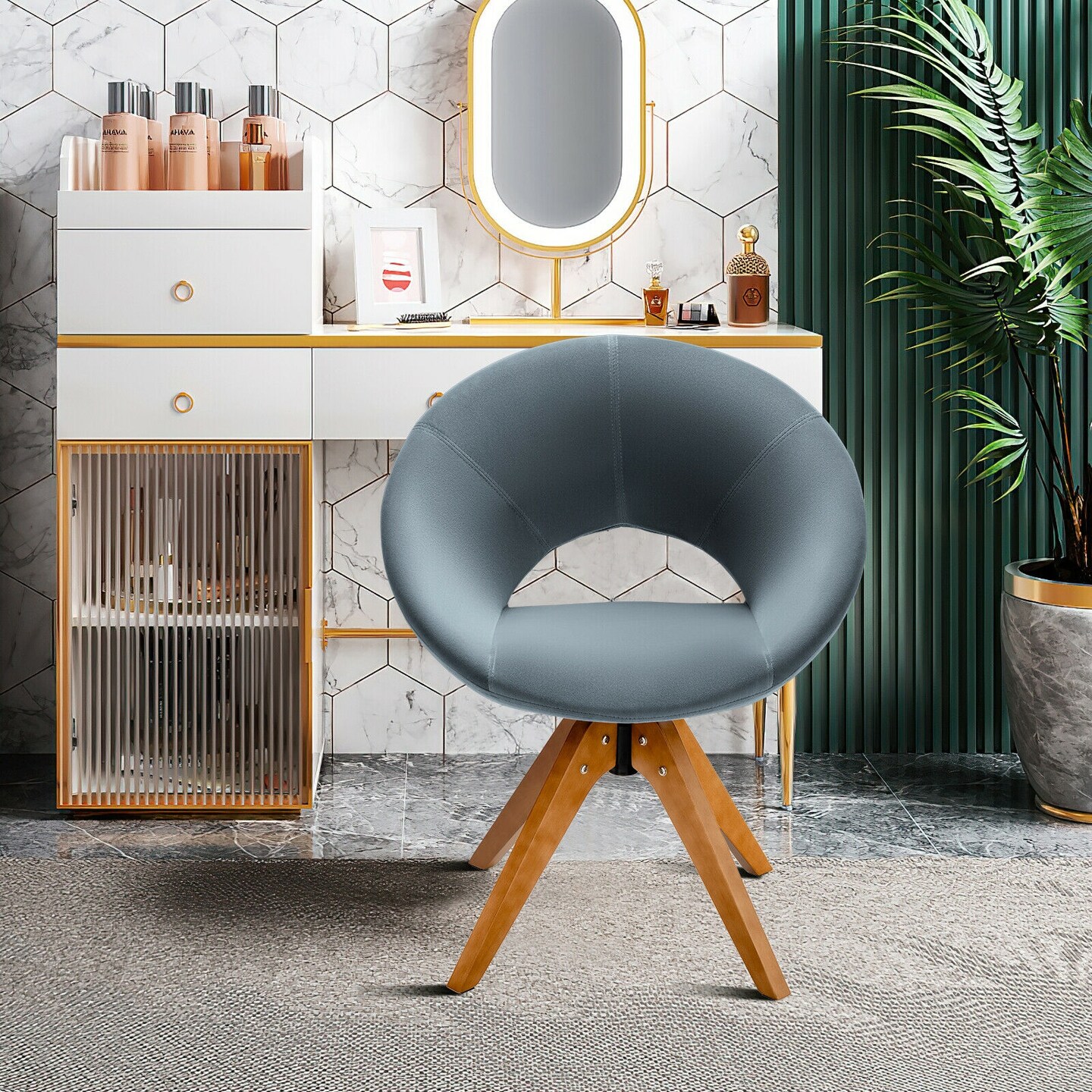 360 Degree Swivel Modern Velvet Upholstered Armchair with 4 Beech Wooden Legs