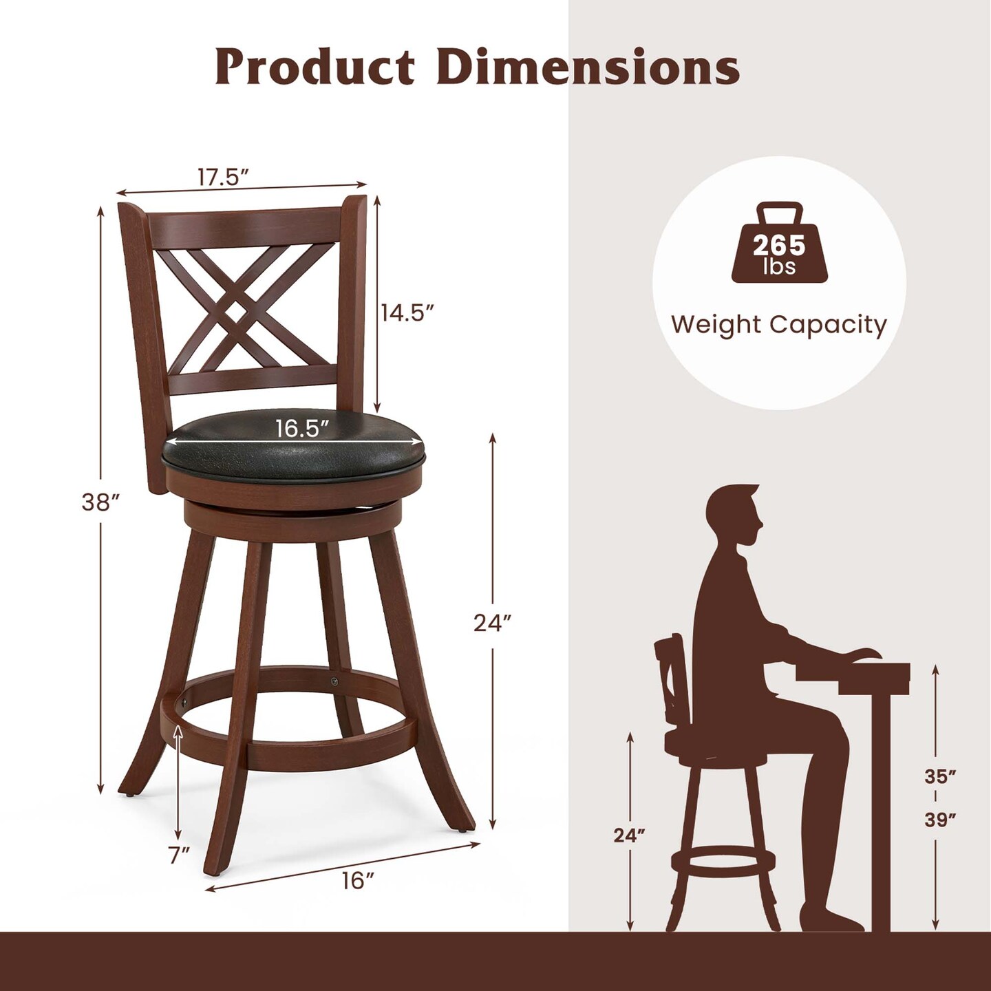 Costway 24&#x27;&#x27;/29&#x27;&#x27; Swivel Bar Stools Set of 2 Upholstered Counter Stools with Cushion &#x26; Footrests