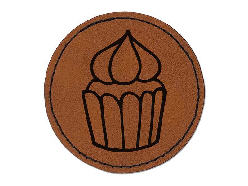 Hand Drawn Cupcake Doodle Round Iron-On Engraved Faux Leather Patch Applique - 2.5&#x22;
