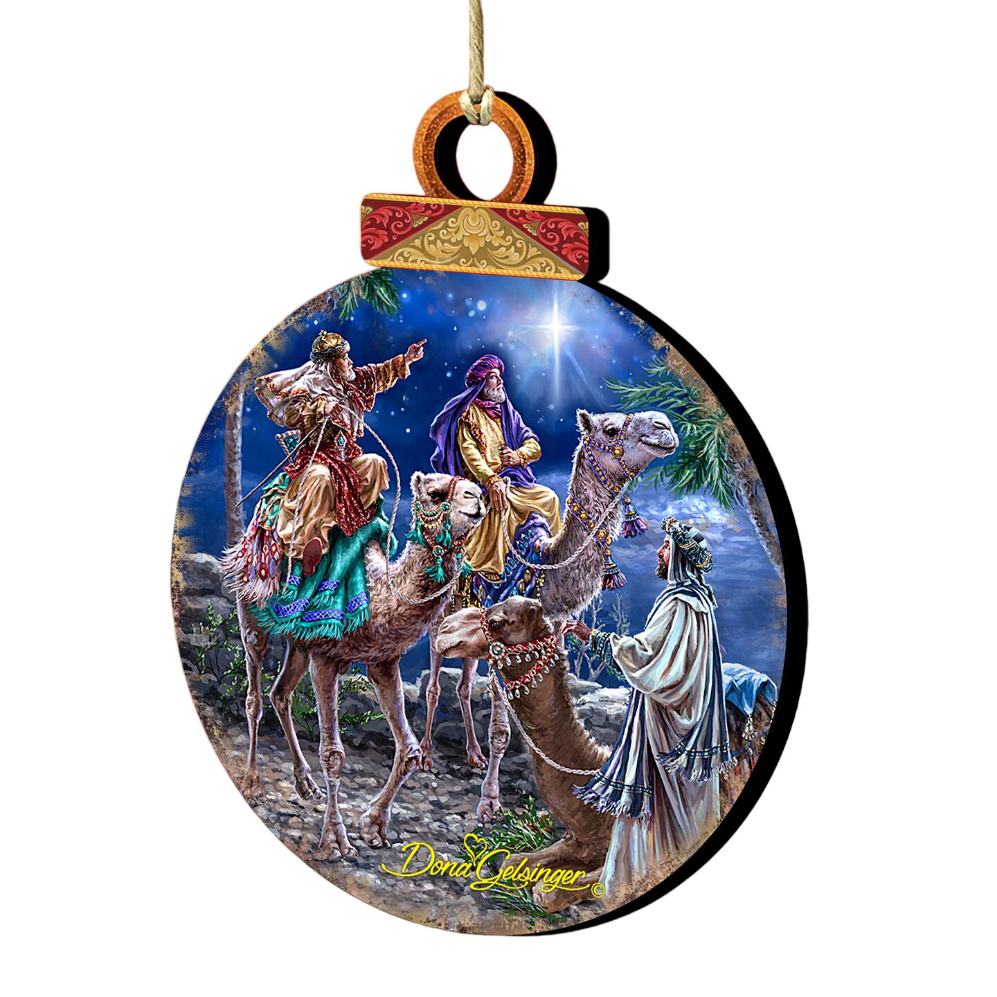 Designocracy Set of 2 Wise Men Riding a Camel Wooden Christmas Ornaments 5.5&#x22;
