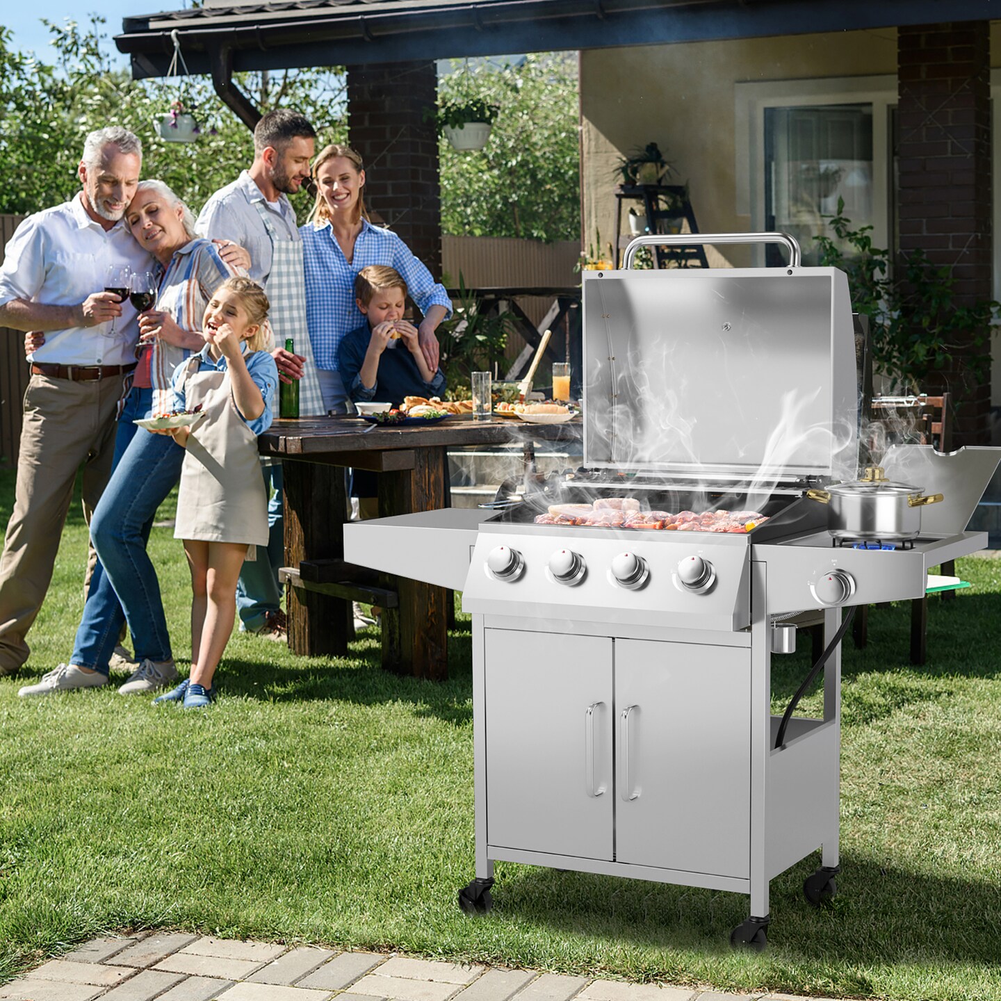 Costway 5-Burner Propane Gas BBQ Grill withSide Burner,Thermometer,Prep Table 50000 BTU