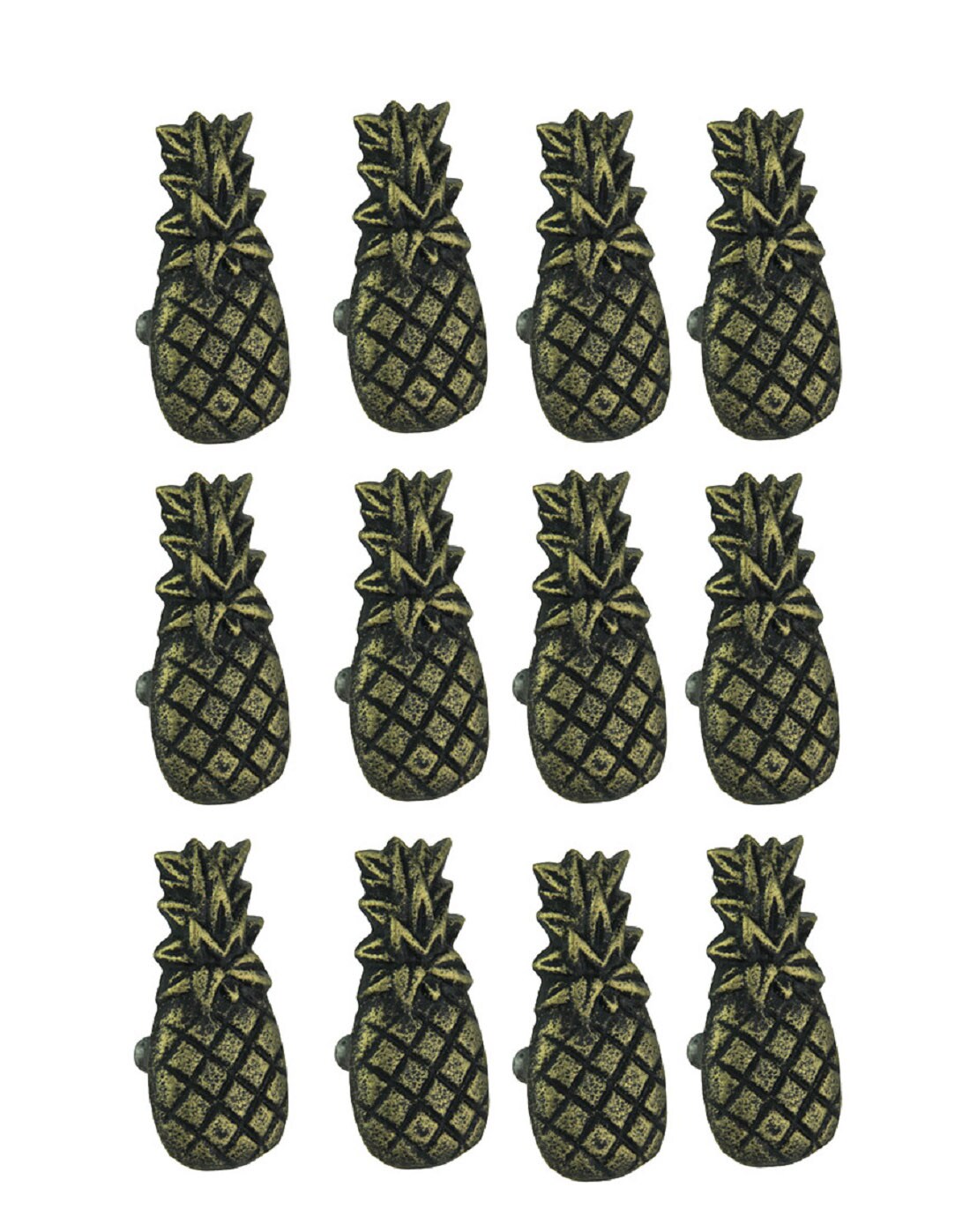 Set of 12 Distressed Antique Brass Finish Cast Iron Pineapple Drawer Pulls