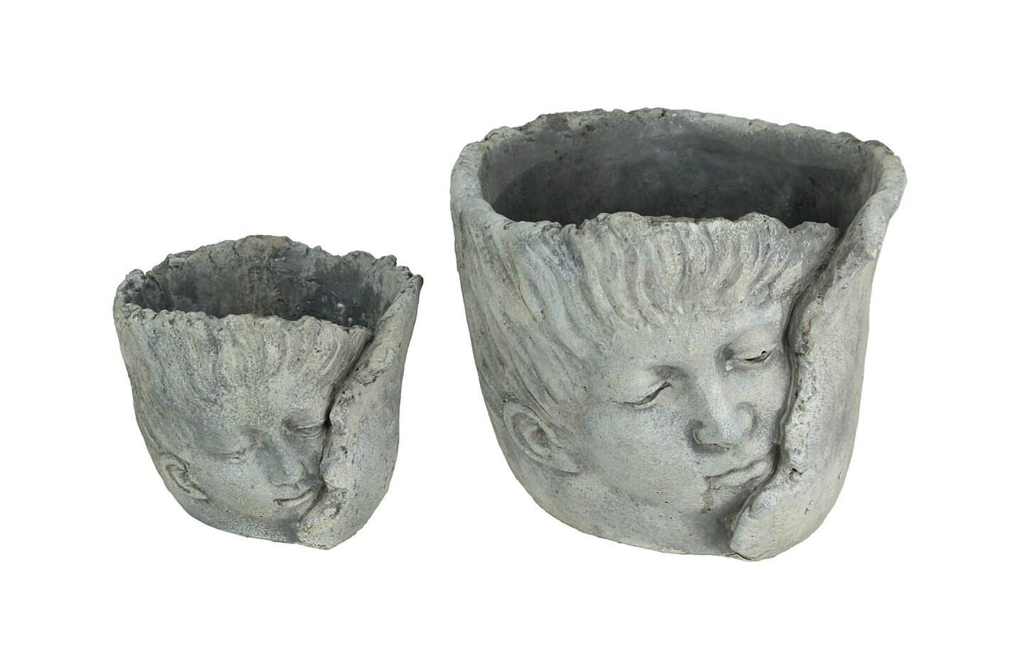 Set of 2 Weathered Finish Concrete Leaf Wrap Face Planters Small and Large