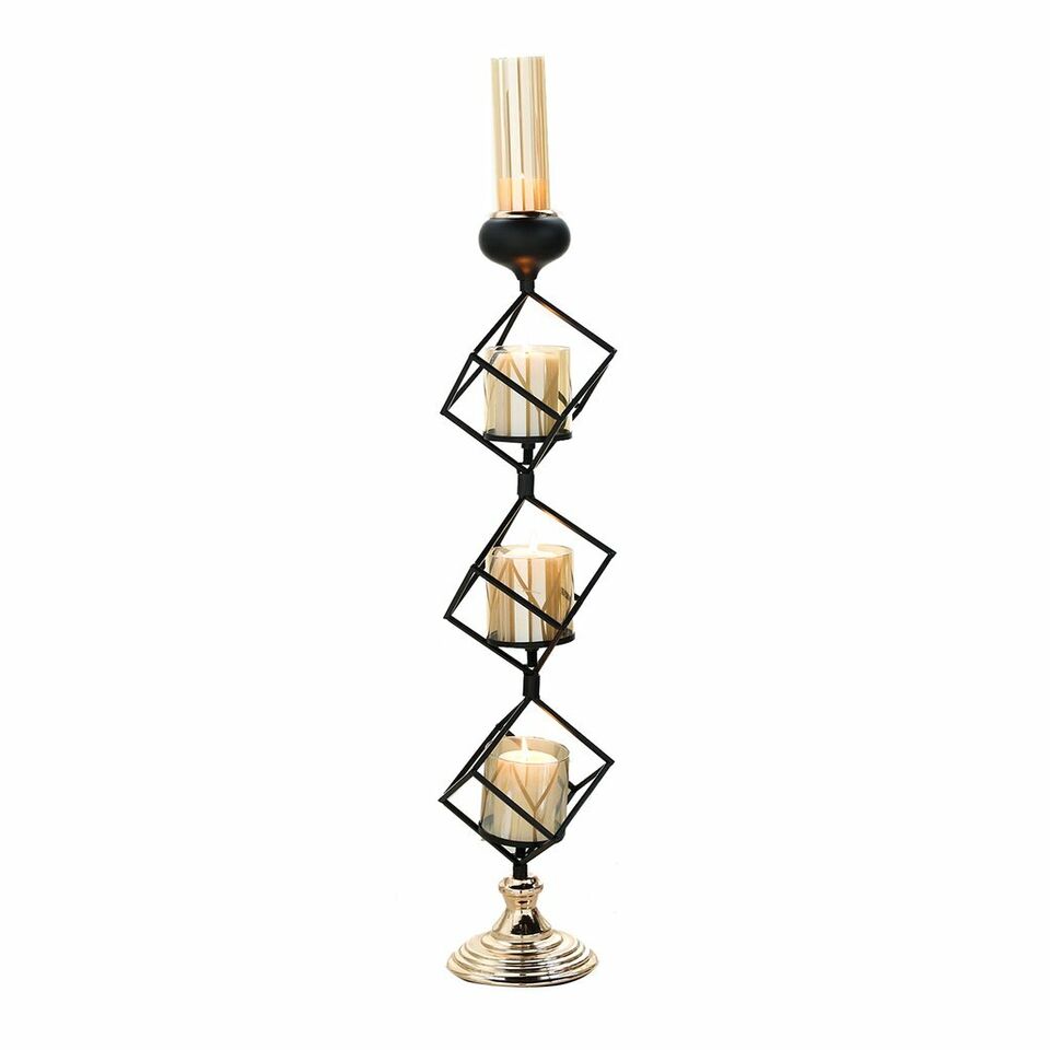 28-Inch tall Black Gold Geometric Cube Stand Votive Glass Candle Holders