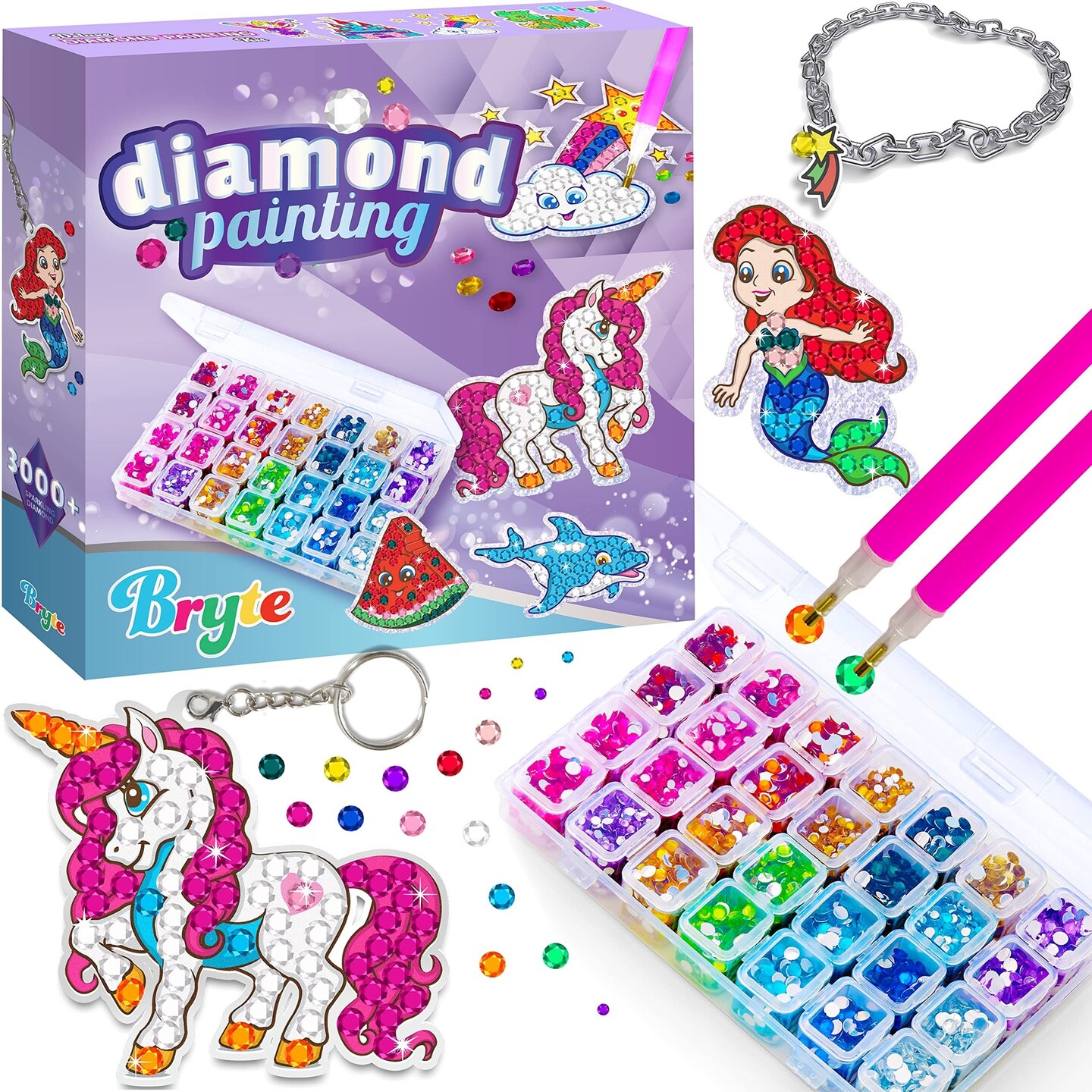 Bryte Gem Art Diamond Painting Kits for Kids - Unicorn and Mermaid Craft Kit with Storage Case, Jewelry, Keychains, Stickers and More - Arts and Crafts - Perfect Toys and Gifts for All Ages