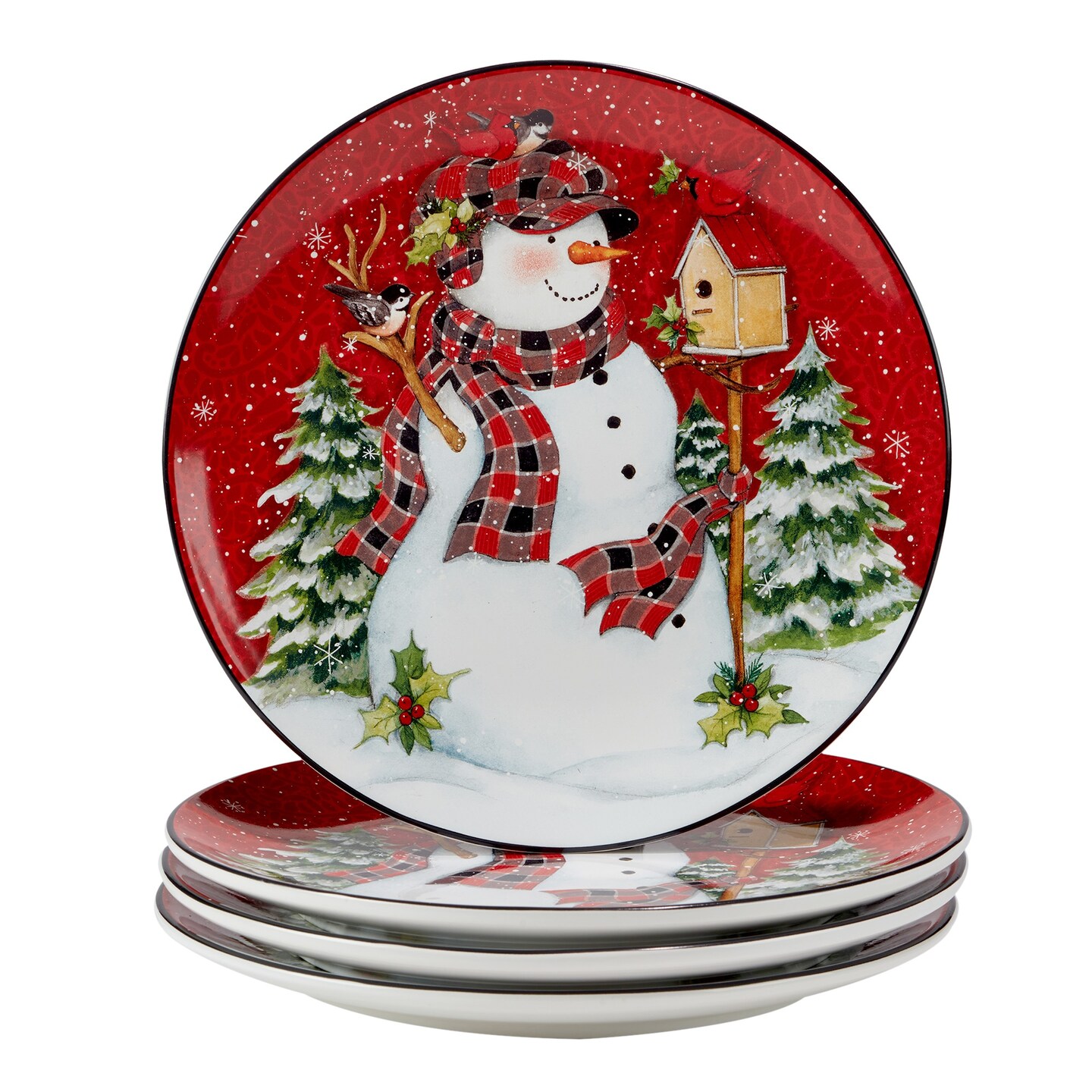 Certified International Set of 4 Snowman Lodge Round Christmas Dinner Plates 11"
