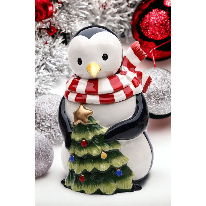 kevinsgiftshoppe Ceramic Penguin with Christmas Tree Candy Box ...